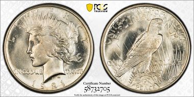 1921 $1 High Relief, Peace MS65