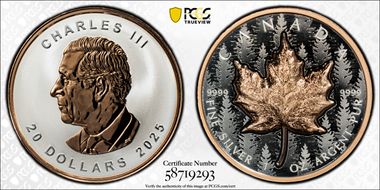 2025 $20 Pulsating Maple Leaf UHR Selective Rose-Gilt Rev PR PR70