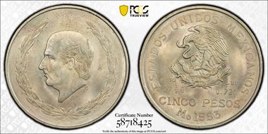 1953-Mo 5 Peso Hidalgo KM-467 Ag MS65
