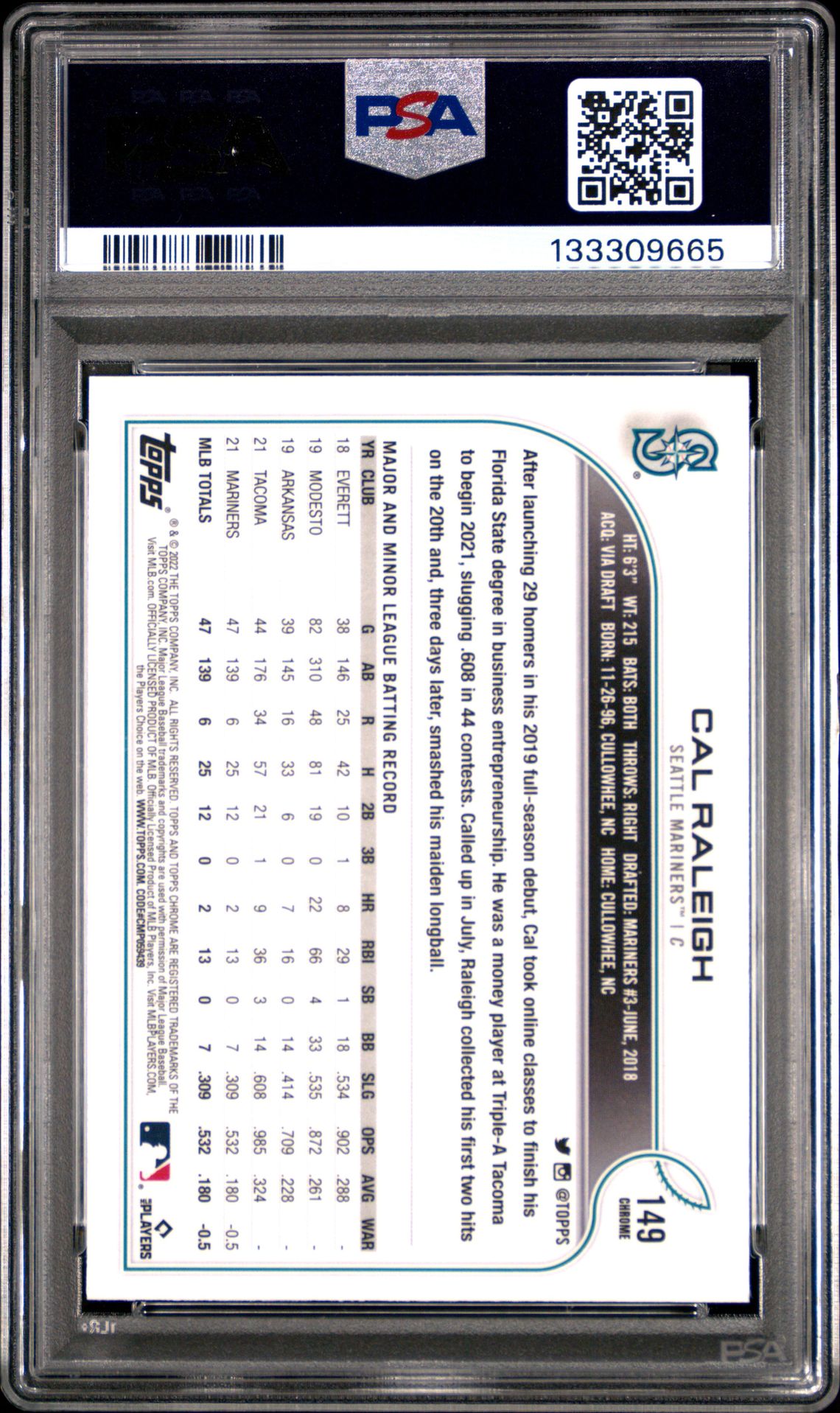 2022 Topps Chrome Sonic Cal Raleigh #149 (Prism Refractor) Mint 9 back