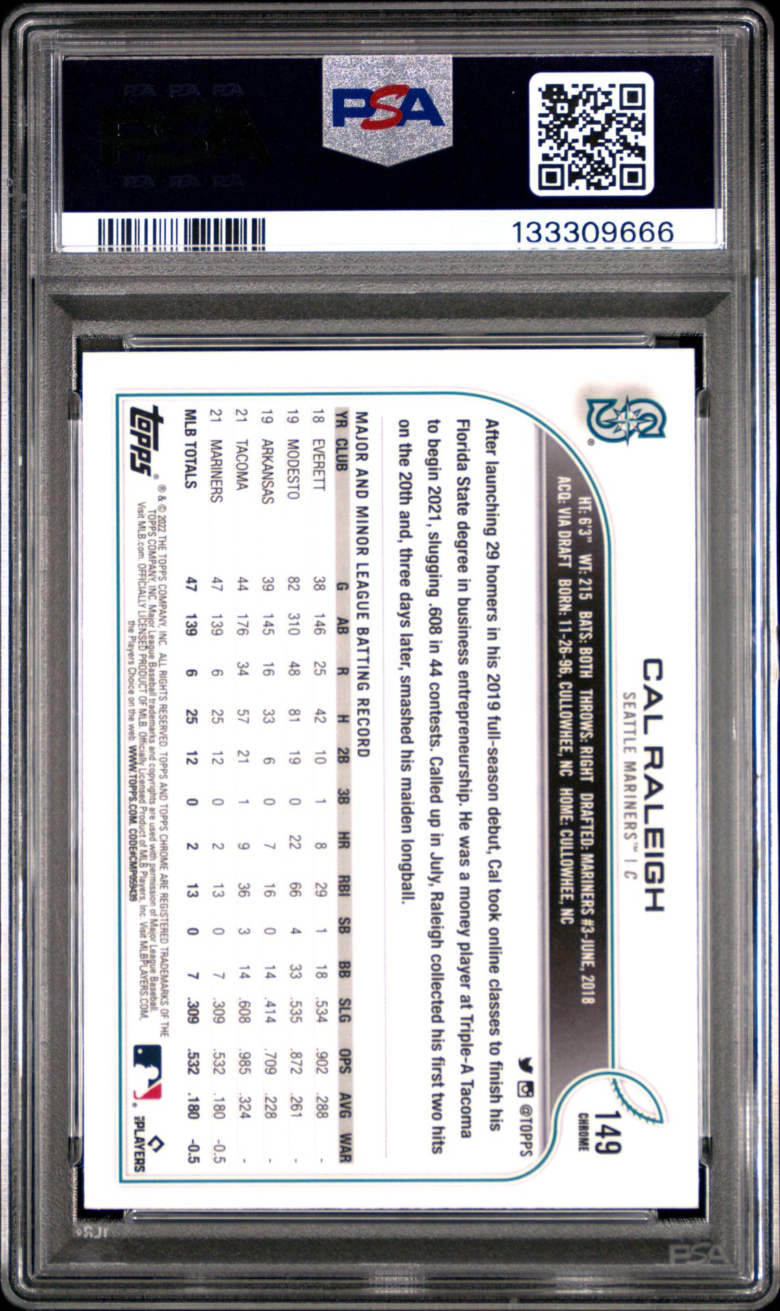 2022 Topps Chrome Sonic Cal Raleigh #149 (B/W Raywave Refractor) Mint 9 back