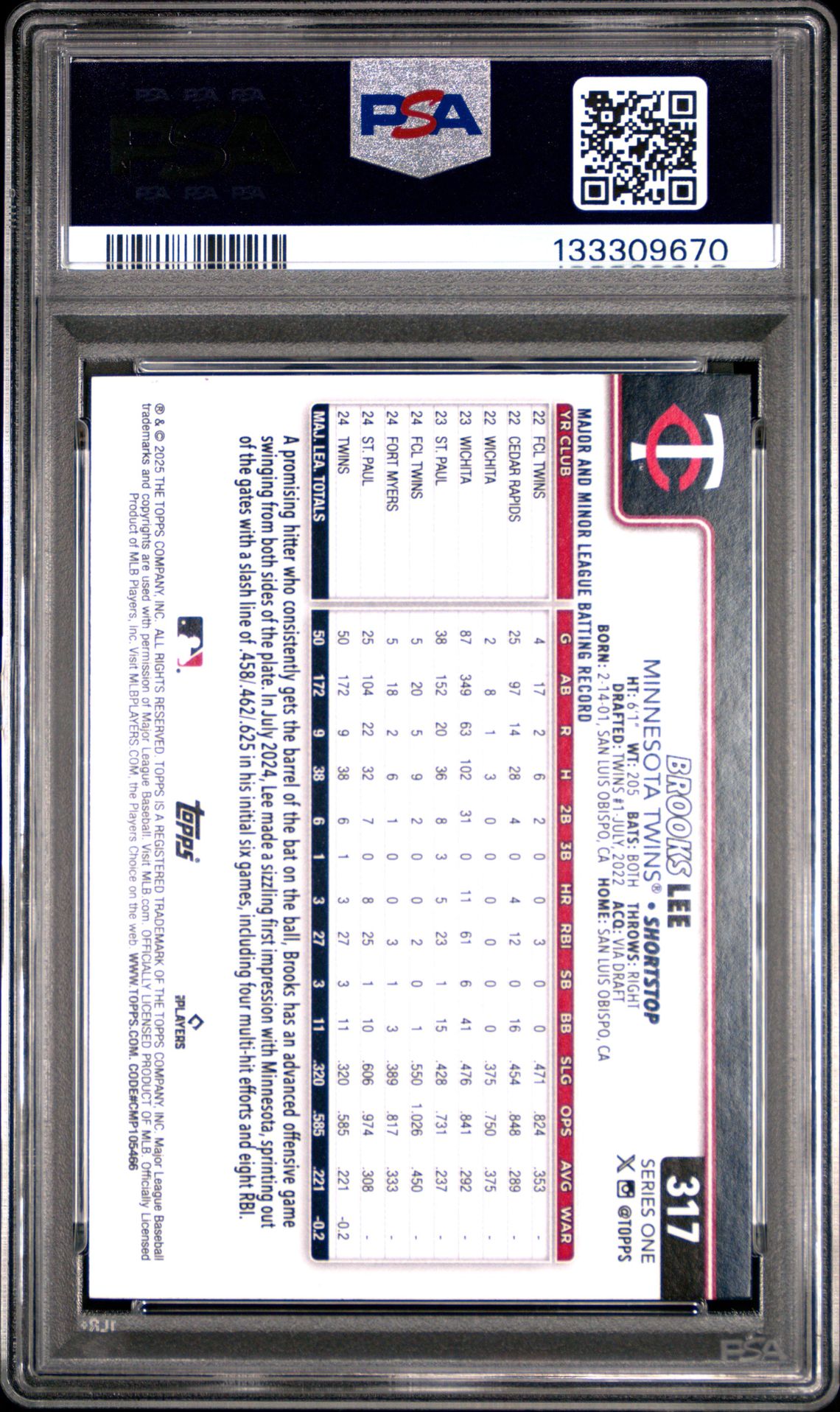 2025 Topps Brooks Lee #317 (Big Head Variation) Mint 9 back