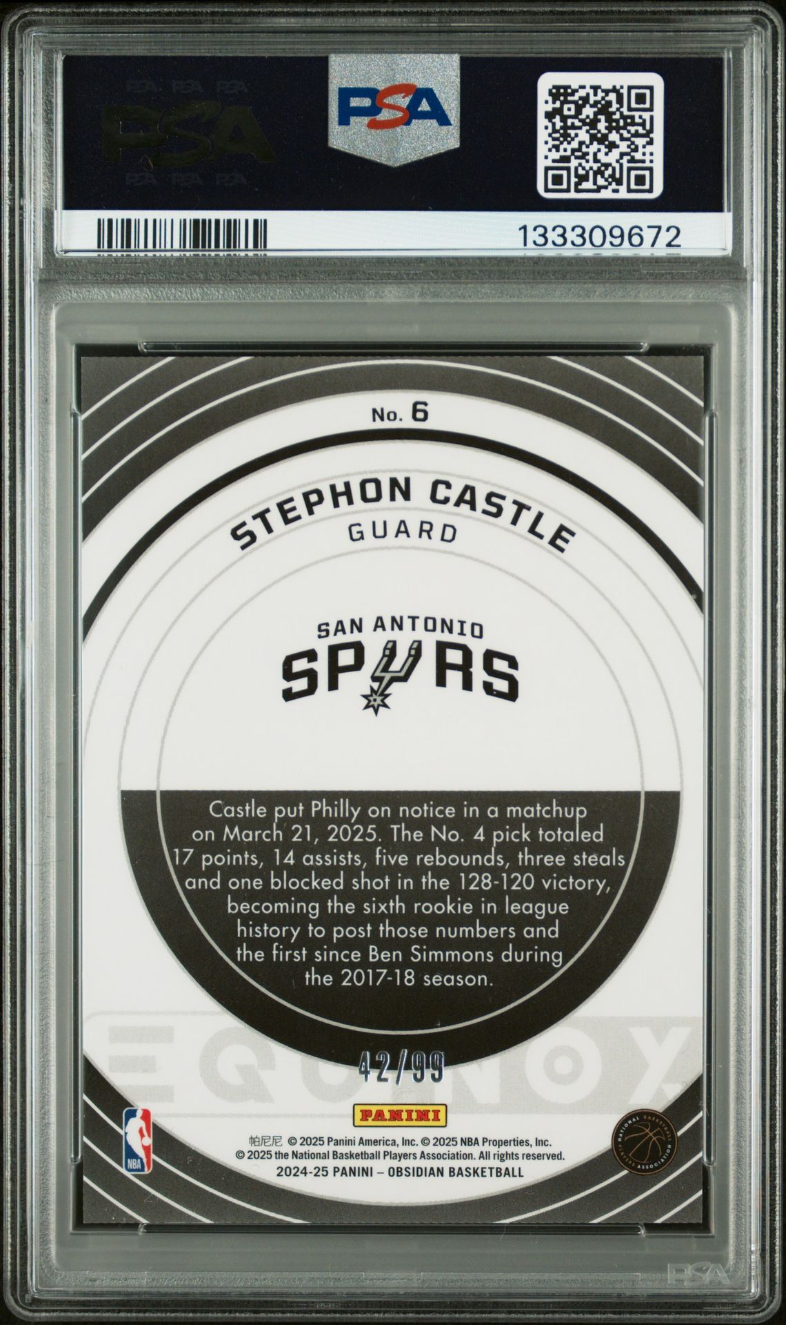 2024 Panini Obsidian Equinox Stephon Castle #6 (Equinox-Ee Orange Flood) Gem Mt 10 back