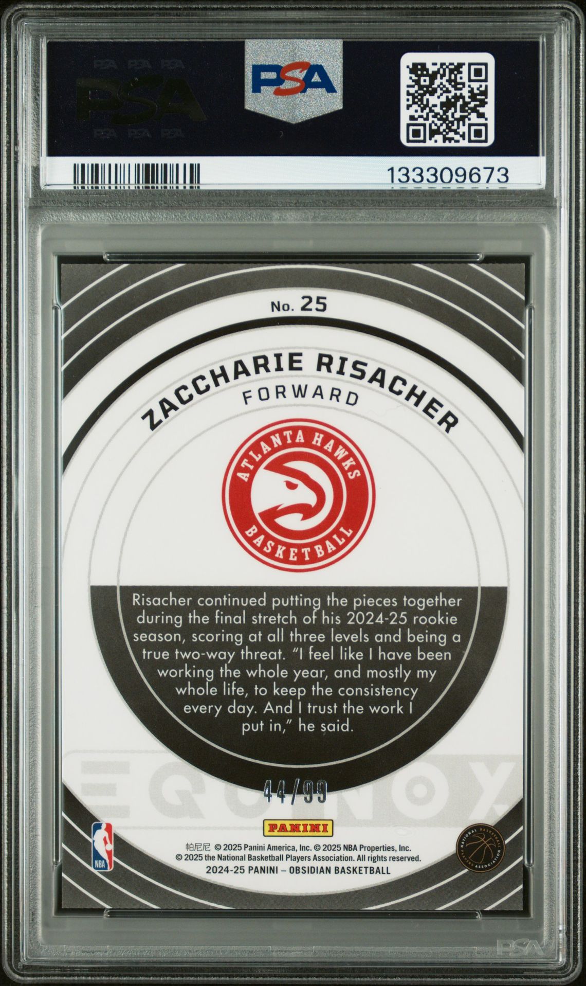 2024 Panini Obsidian Equinox Zaccharie Risacher #25 (Equinox-Ee Orange Flood) Gem Mt 10 back