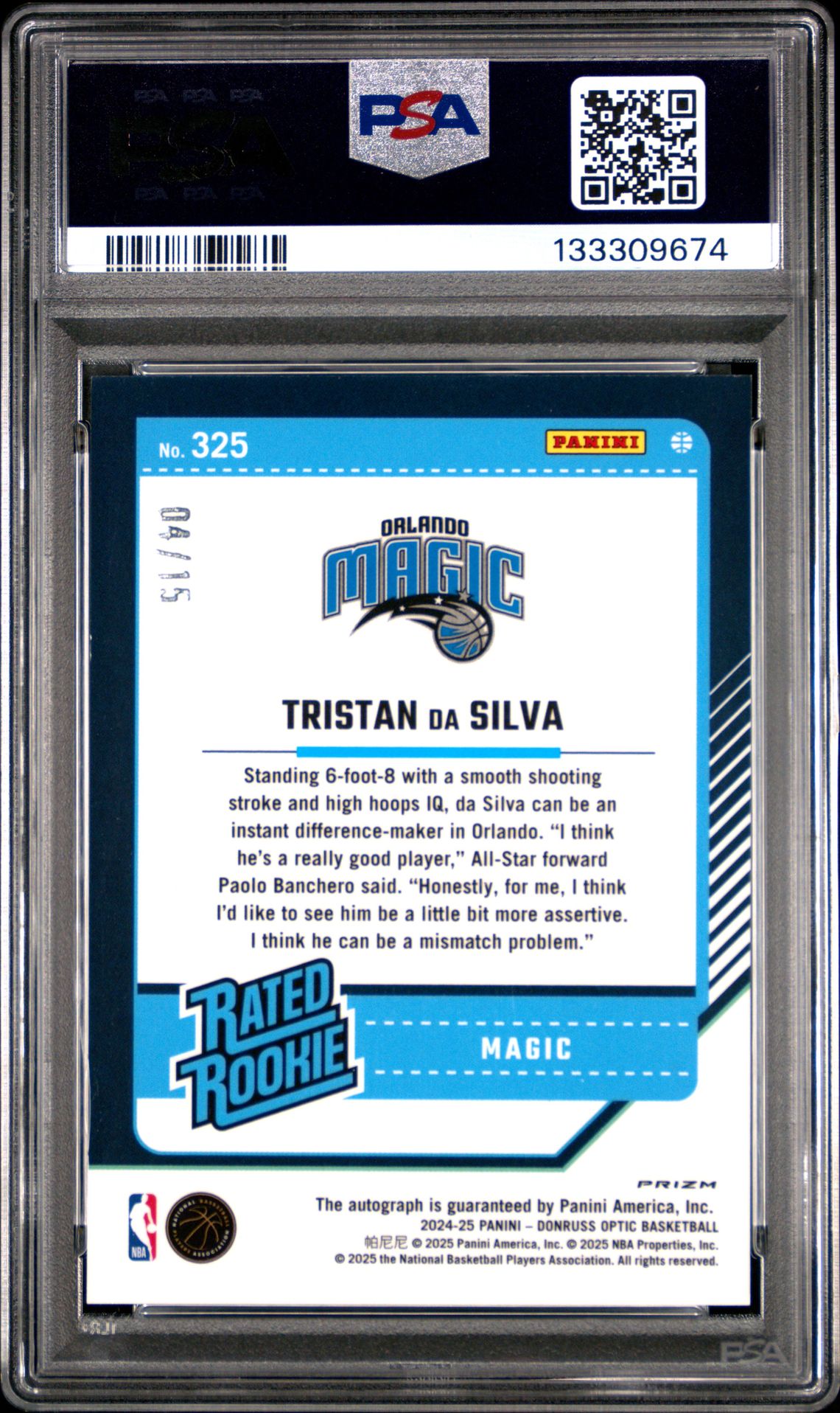 2024 Panini Donruss Optic Tristan Da Silva #325 (Sig-Premium Box Set-Blue) Gem Mt 10 back