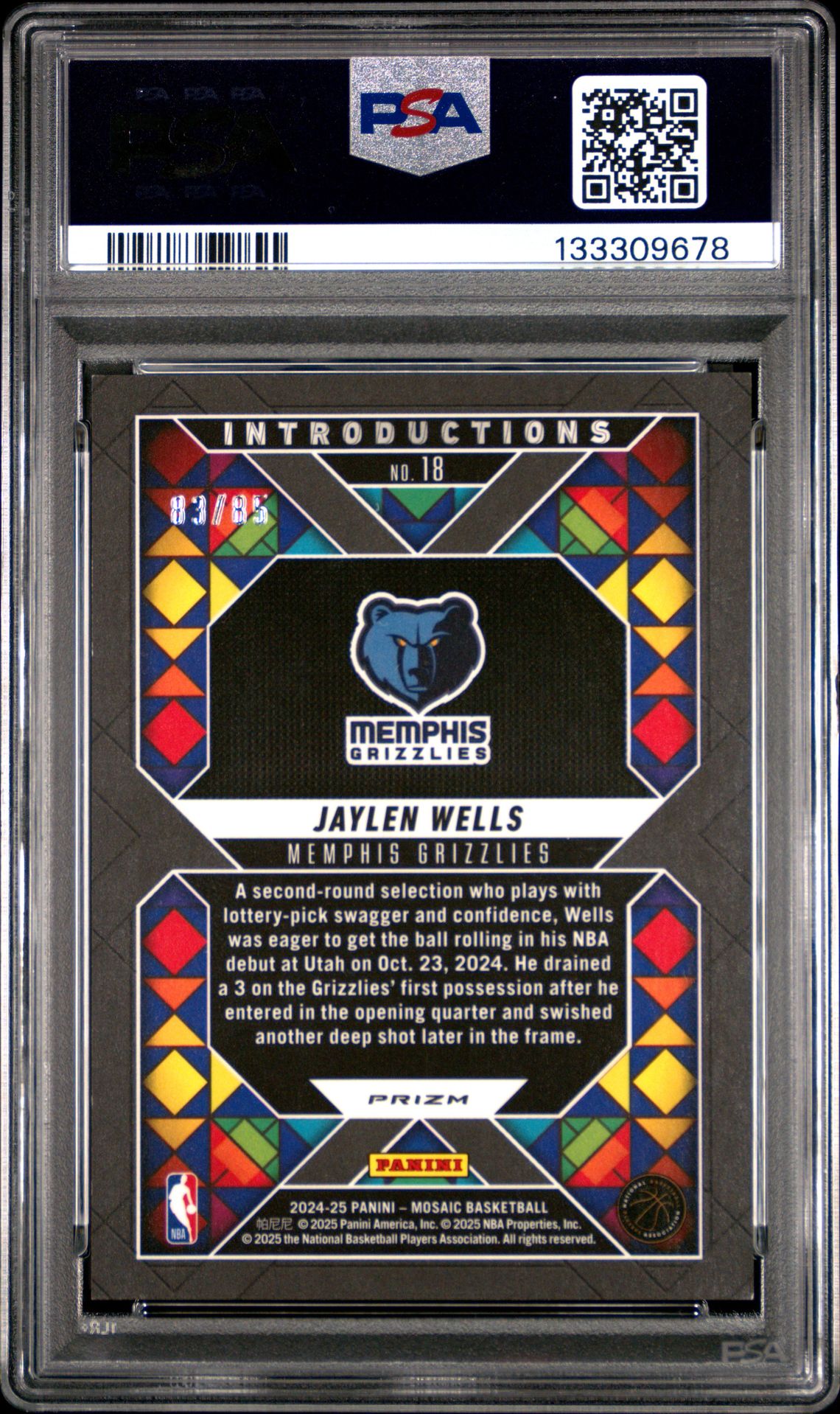 2024 Panini Mosaic Introductions Jaylen Wells #18 (Intro-Blue Fast Break) Mint 9 back
