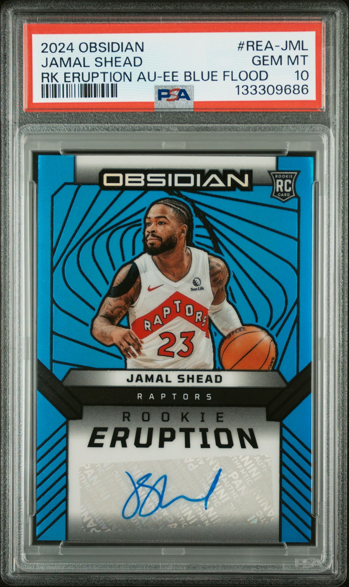 2024-25 Panini Obsidian Rookie Eruption Autographs Jamal Shead #Rea-Jml (Rk Eruption Au-Ee Blue Flood) Gem Mt 10 front