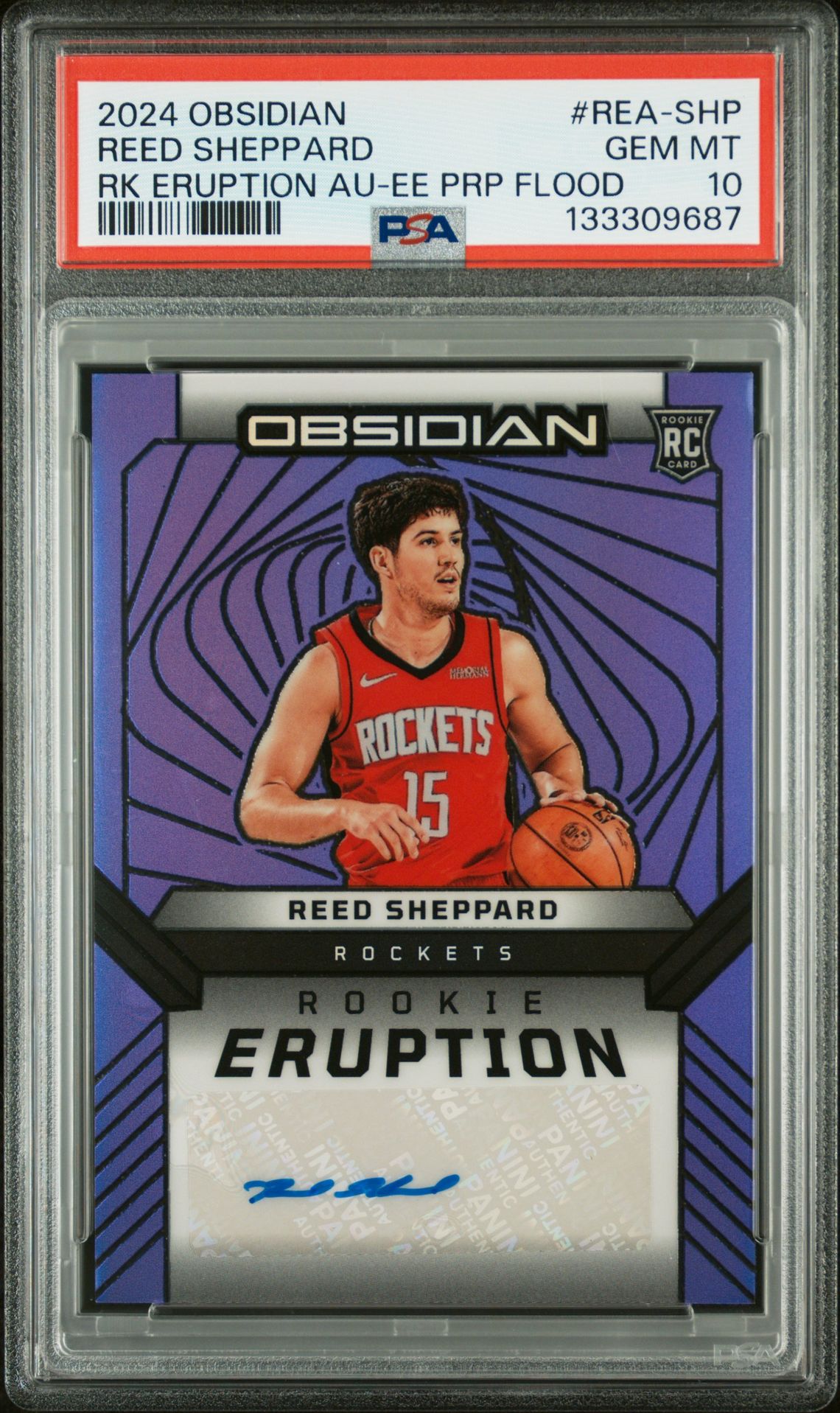 2024-25 Panini Obsidian Rookie Eruption Autographs Reed Sheppard #Rea-Shp (Rk Eruption Au-Ee Prp Flood) Gem Mt 10 front