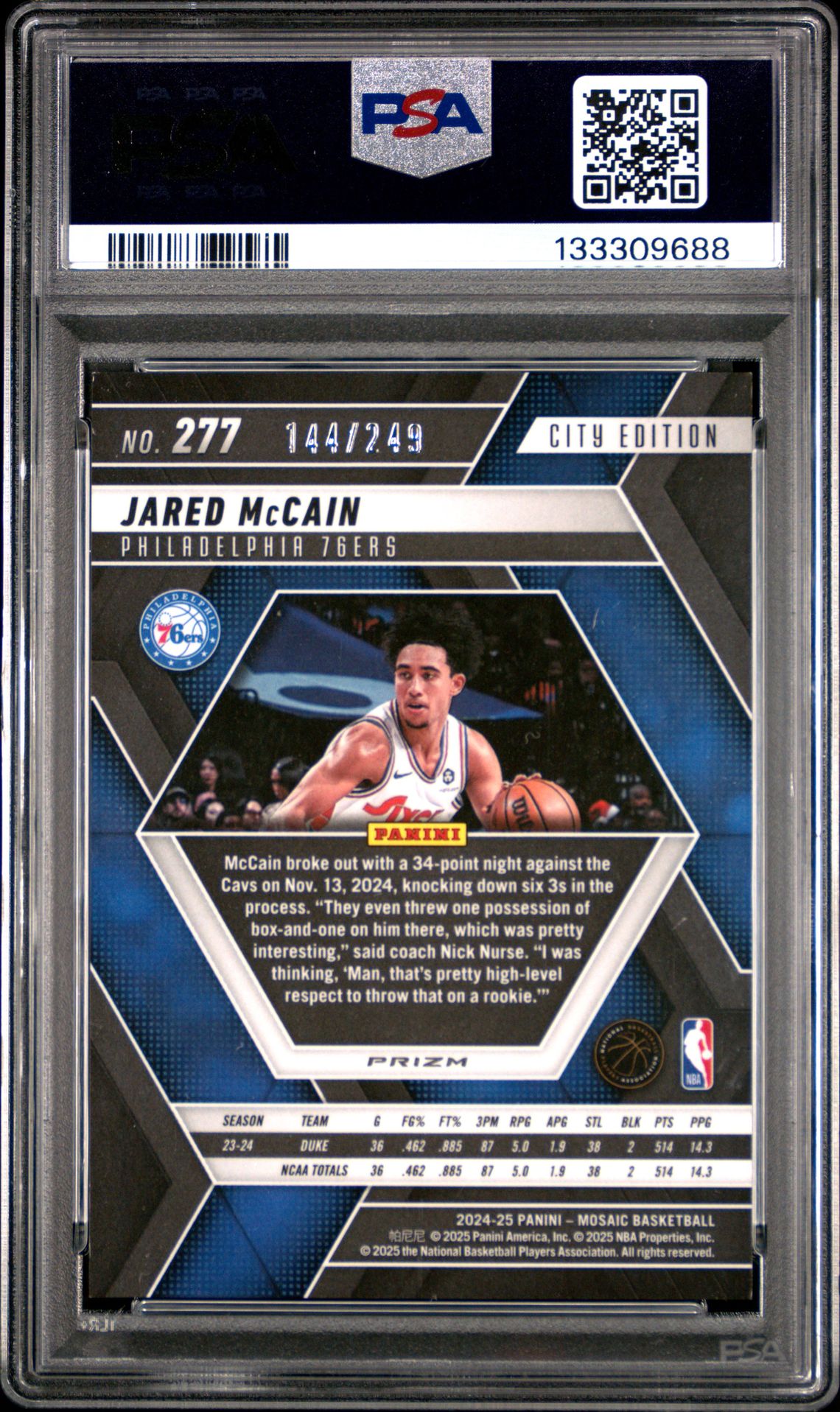 2024 Panini Mosaic Jared Mccain #277 (Purple Fluorescent) Gem Mt 10 back