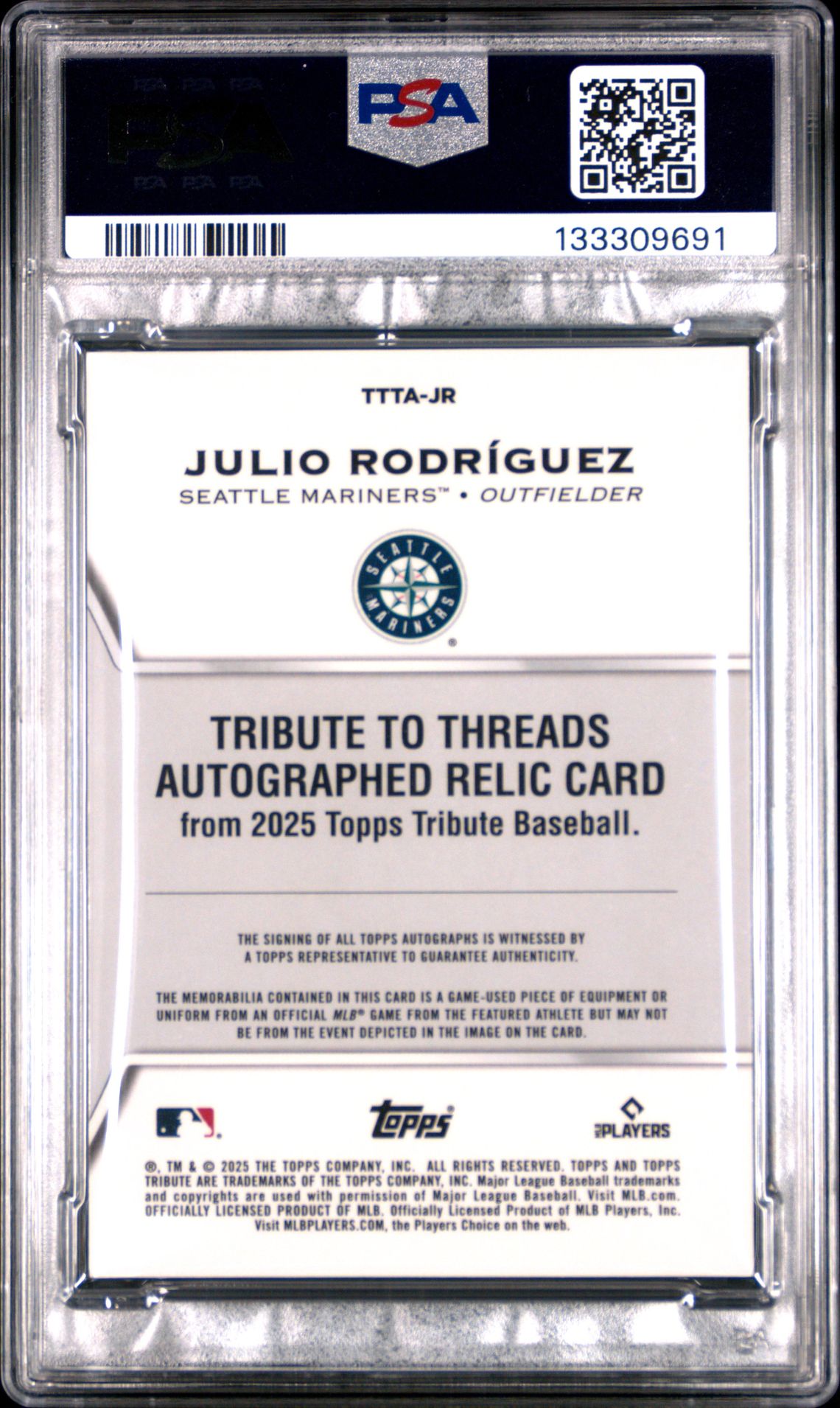 2025 Topps Tribute Tribute To Threads Autograph Relics Julio Rodriguez #Tttajr Mint 9 back