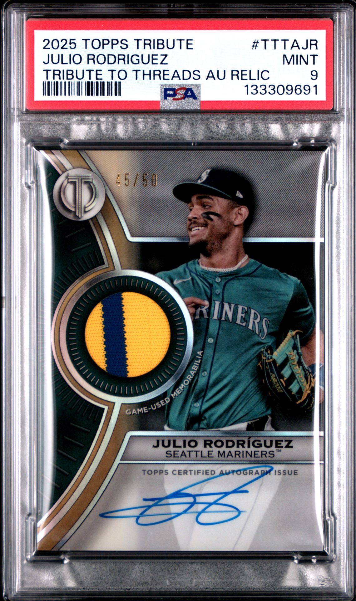 2025 Topps Tribute Tribute To Threads Autograph Relics Julio Rodriguez #Tttajr Mint 9 front