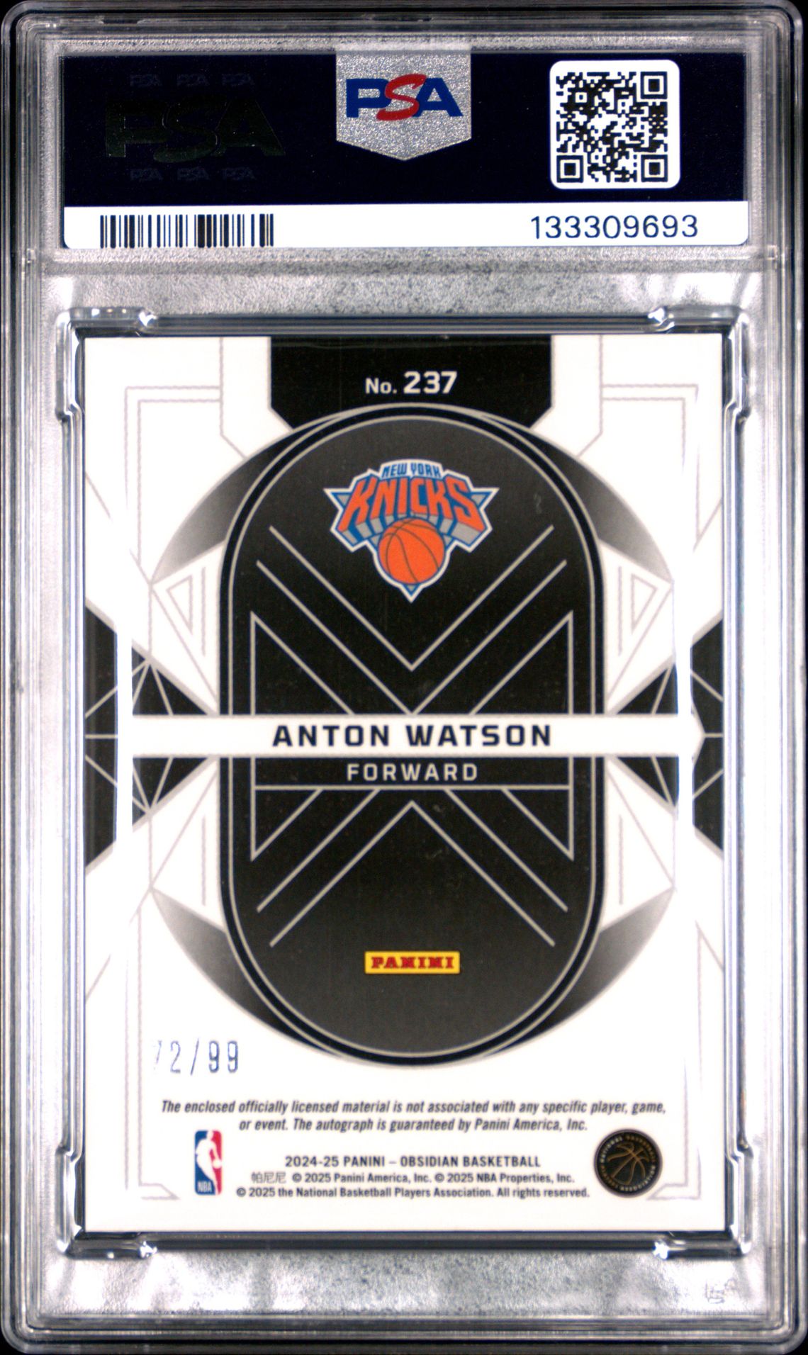 2024 Panini Obsidian Anton Watson #237 (Jersey Auto-Ee Orange Flood) Gem Mt 10 back view - PSA certificate #133309693