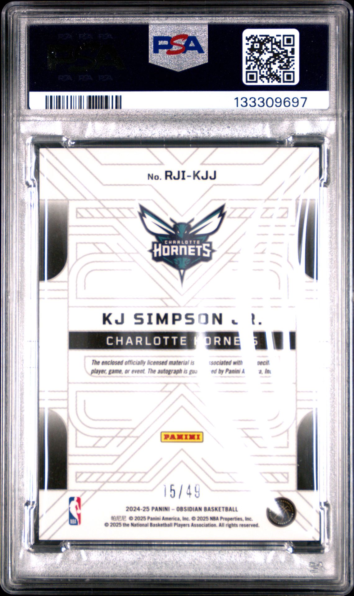 2024 Panini Obsidian Rookie Jersey Ink Kj Simpson Jr. #Rji-Kjj (Rk Jersey Ink-Ee Pink Flood) Mint 9 back