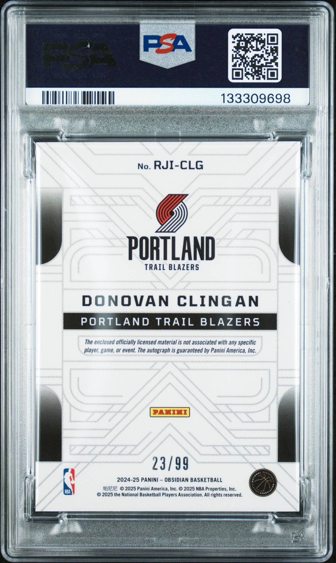 2024 Panini Obsidian Rookie Jersey Ink Donovan Clingan #Rji-Clg (Rk Jsy Ink-Ee Orange Flood) Gem Mt 10 back
