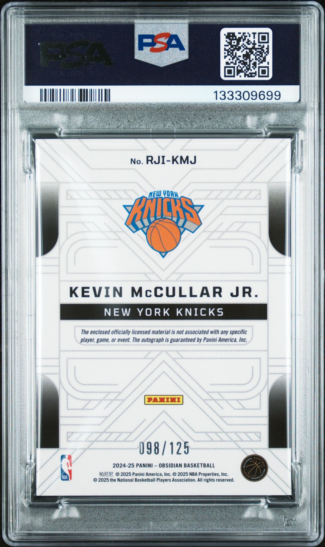2024 Panini Obsidian Rookie Jersey Ink Kevin Mccullar Jr. #Rji-Kmj Mint 9 back