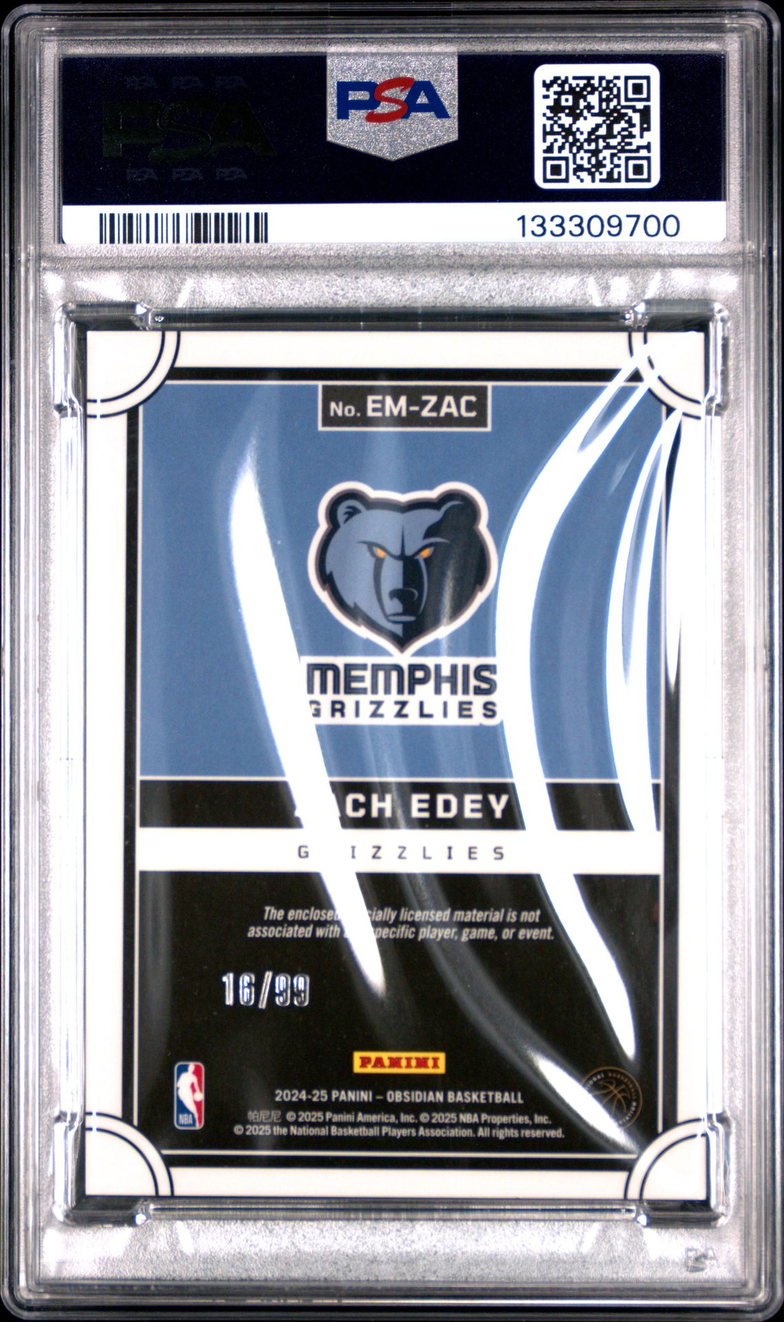 2024 Panini Obsidian Eclipse Materials Zach Edey #Em-Zac (Eclipse Mat-Ee Orange Flood) Gem Mt 10 back