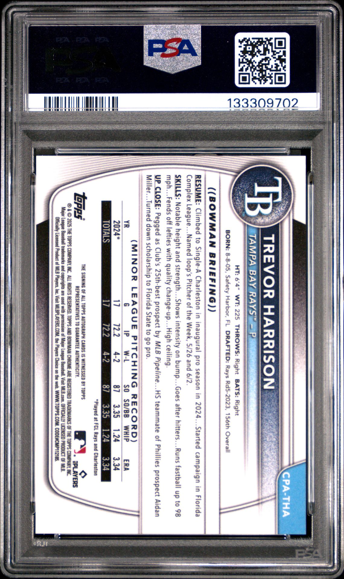 2025 Bowman Chrome Prospect Autographs Trevor Harrison #Cpatha Gem Mt 10 back