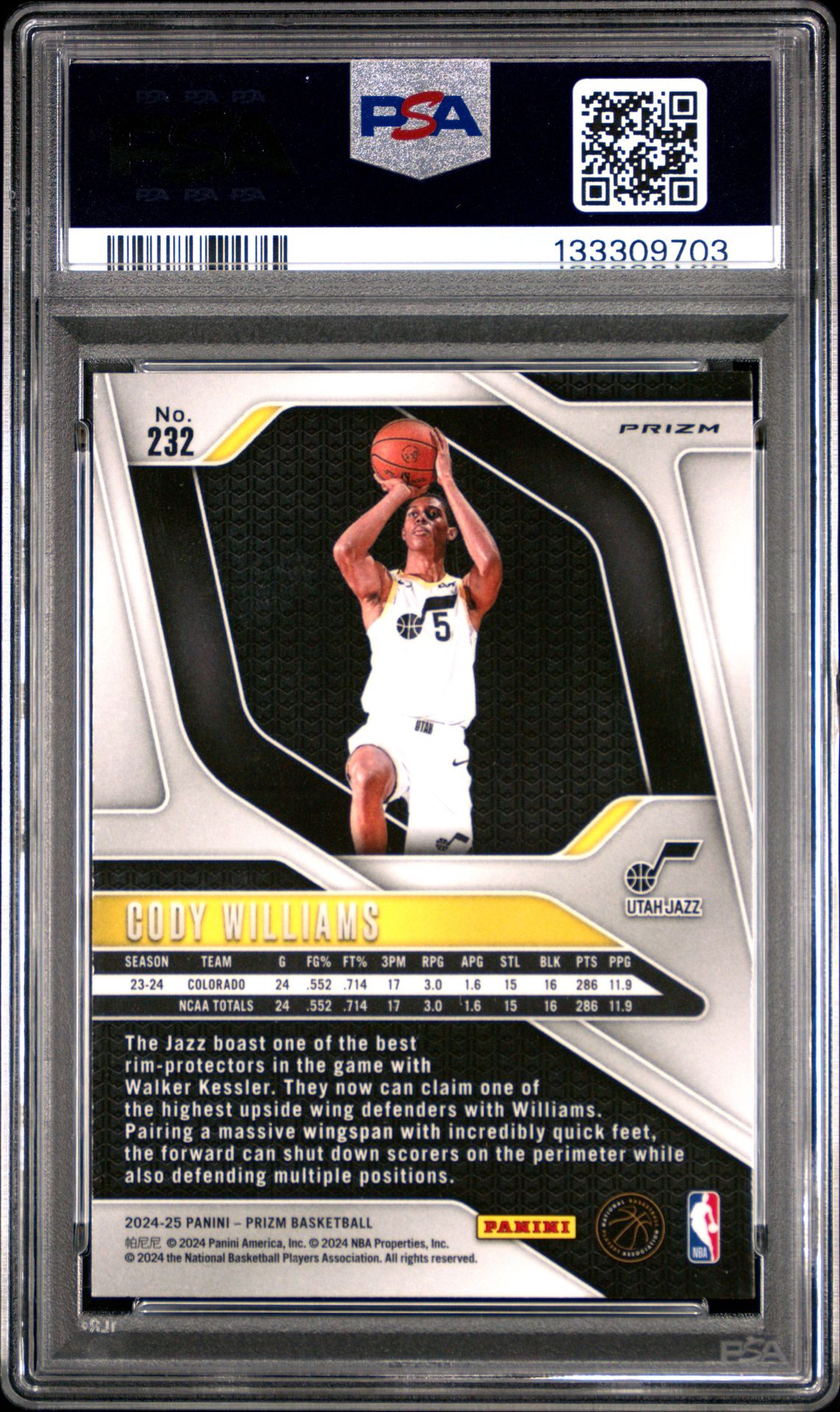 2024 Panini Prizm Cody Williams #232 (White Tiger Stripe) Gem Mt 10 back