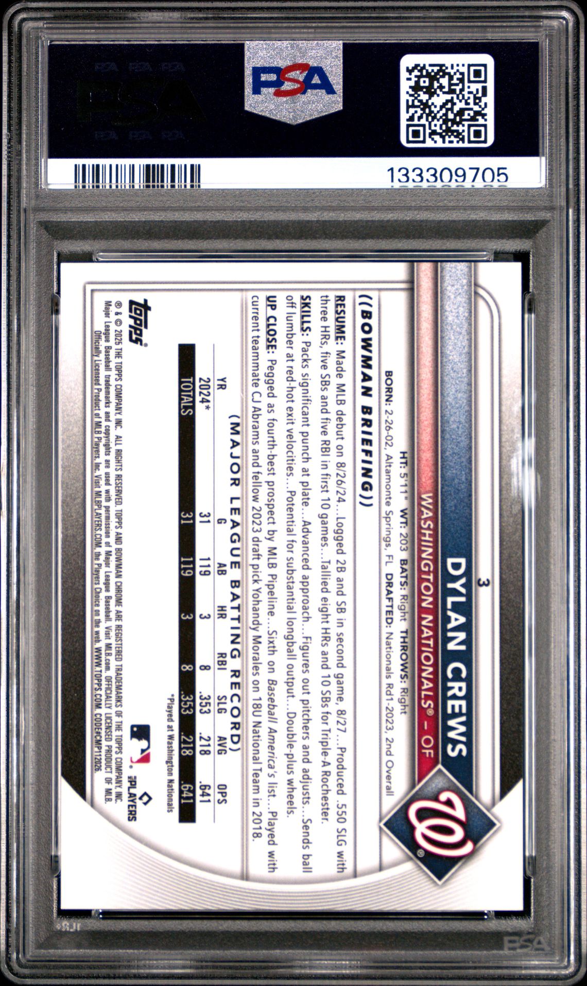 2025 Bowman Chrome Dylan Crews #3 (Red Refractor) Gem Mt 10 back