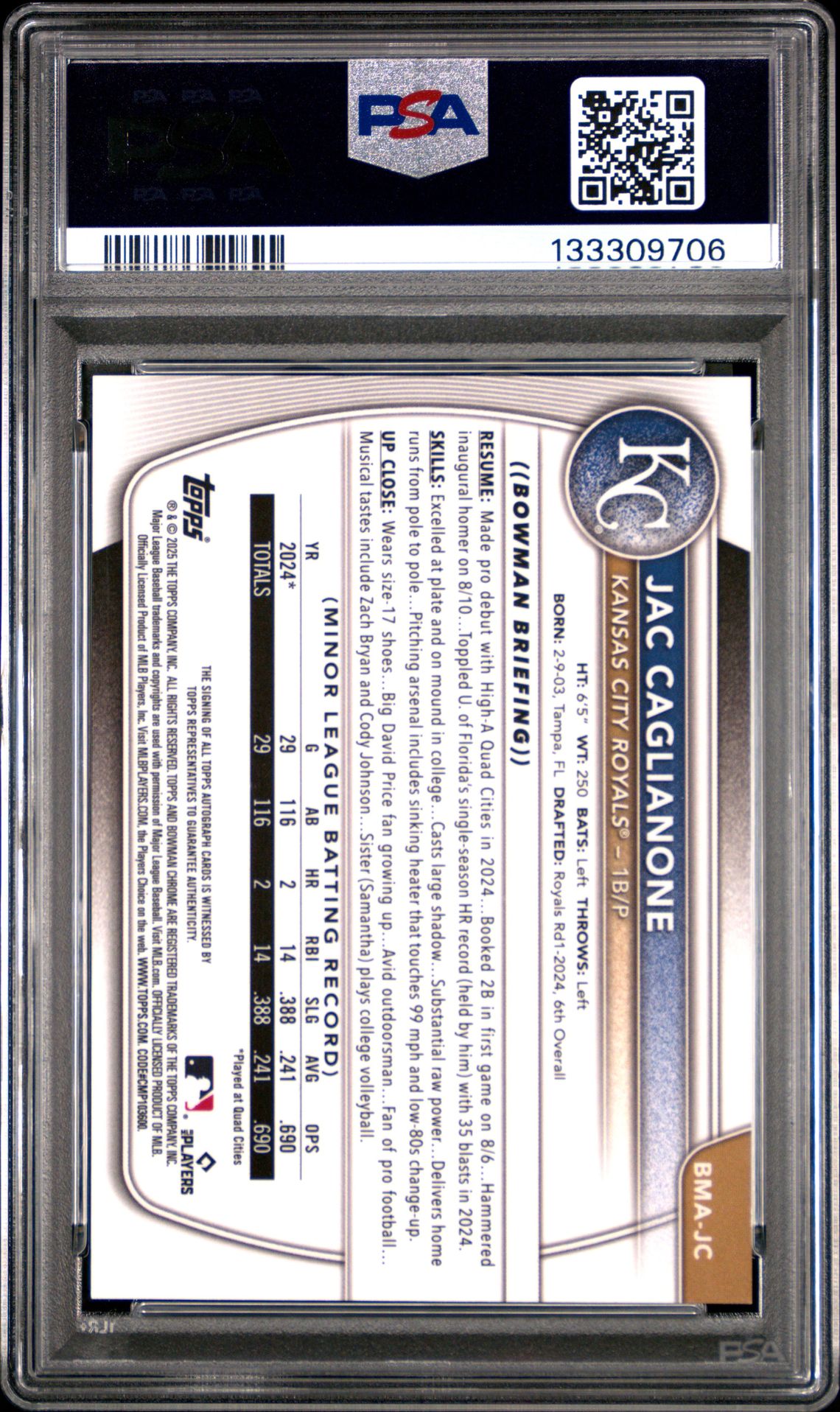 2025 Bowman Mega Box Bowman Prospect Mega Autographs Jac Caglianone #Jc Gem Mt 10 back