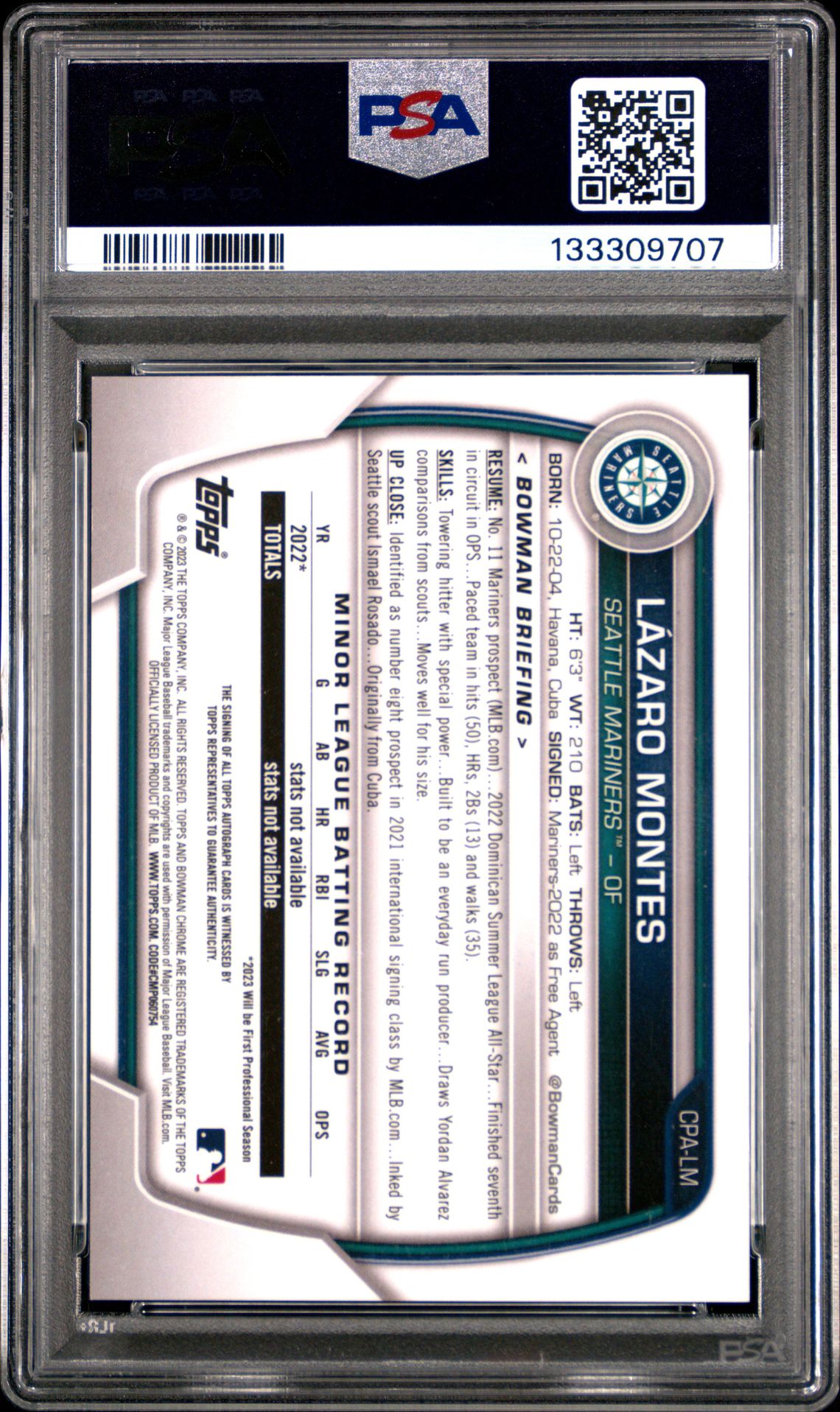 2023 Bowman Chrome Prospect Autographs Lazaro Montes #Cpalm (Chrome Prospect Auto) Gem Mt 10 back