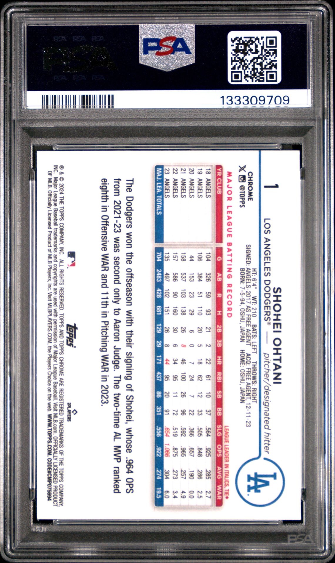 2024 Topps Chrome Shohei Ohtani #1 (Sepia Refractor) Gem Mt 10 back