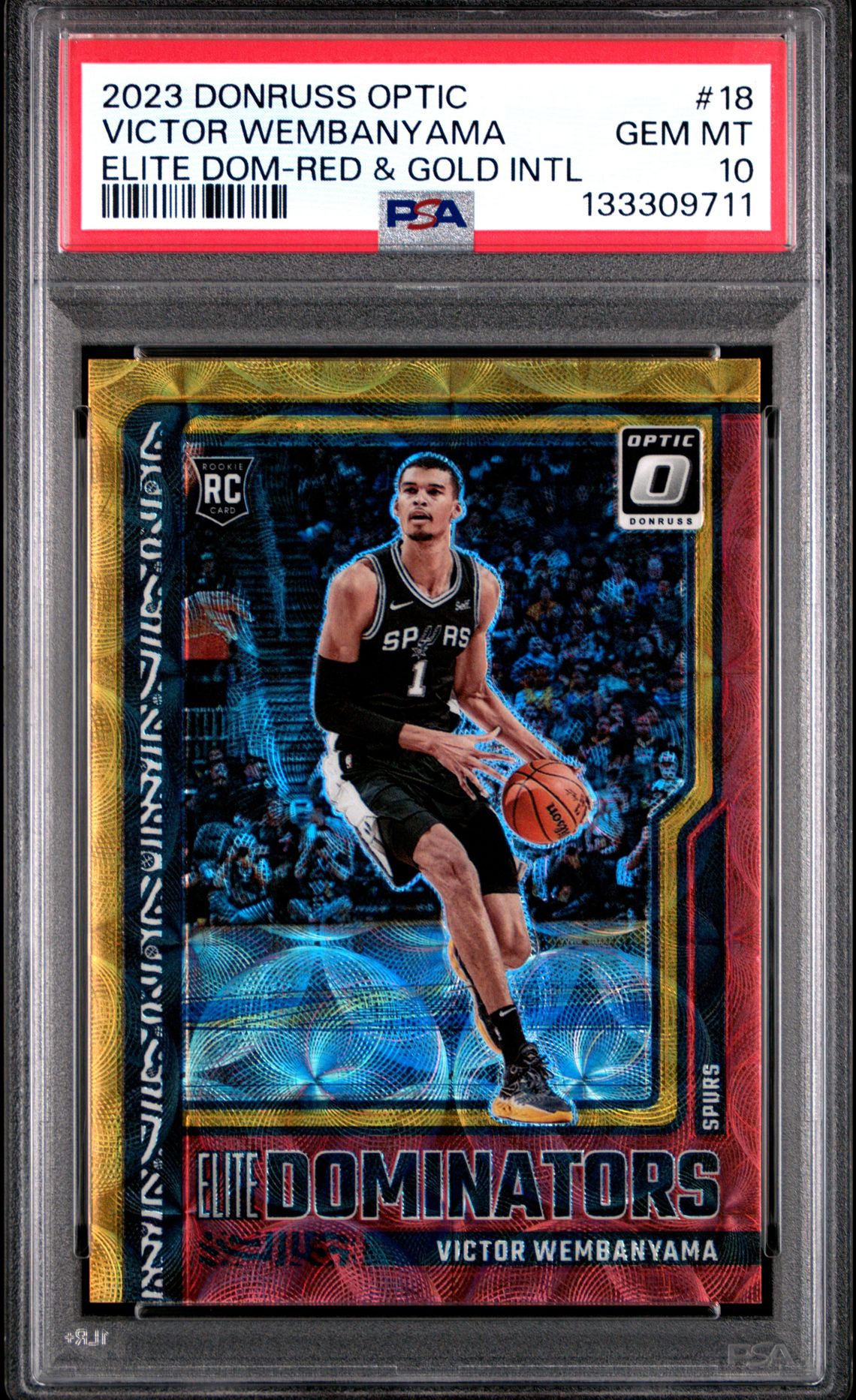 2023 Panini Donruss Optic Elite Dominators Victor Wembanyama #18 (Elite Dom-Red & Gold Intl) Gem Mt 10 front