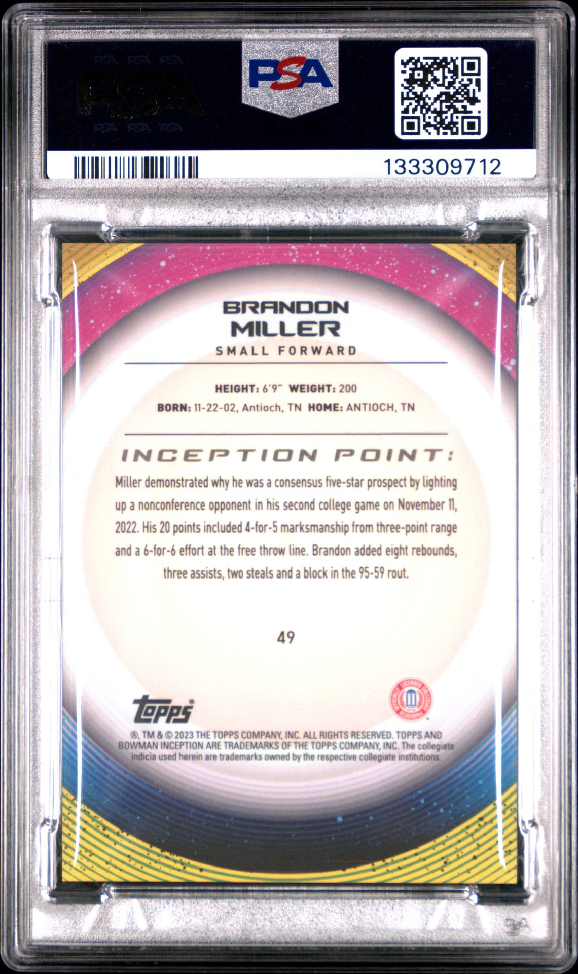 2022 Bowman University Inception Brandon Miller #49 (Red V2 Foil) Mint 9 back