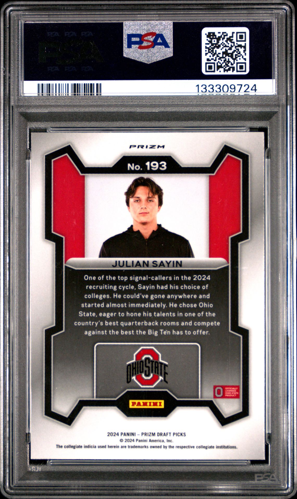 2024 Panini Prizm Draft Picks Julian Sayin #193 (Red Ice) Gem Mt 10 back