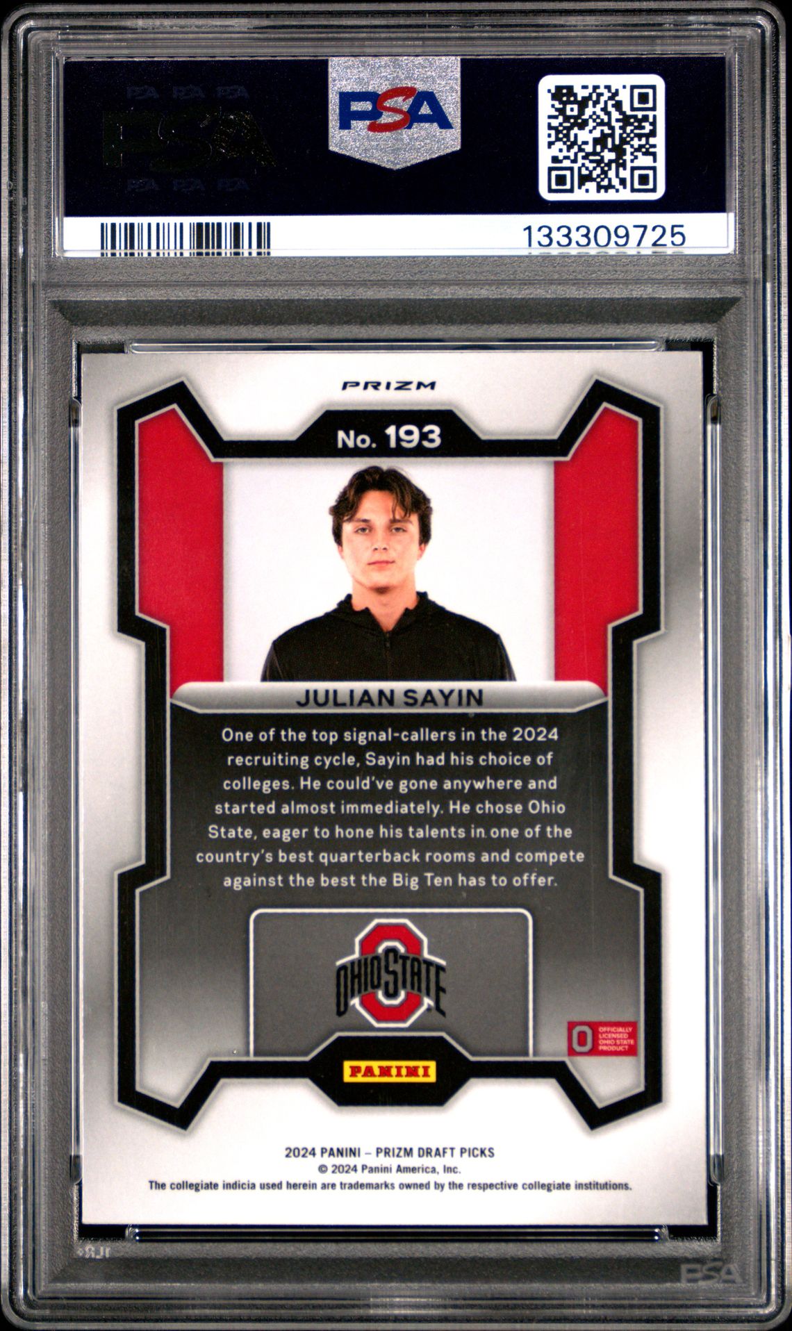 2024 Panini Prizm Draft Picks Julian Sayin #193 (Red Ice) Gem Mt 10 back