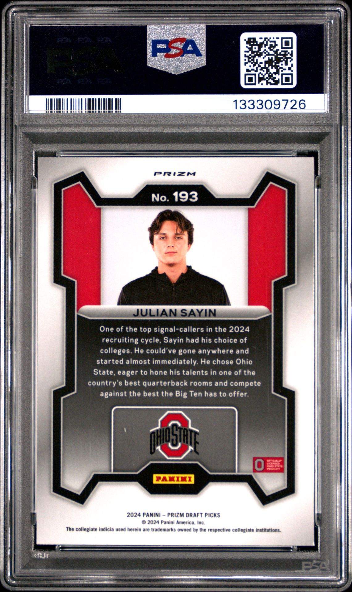 2024 Panini Prizm Draft Picks Julian Sayin #193 (Red Ice) Mint 9 back