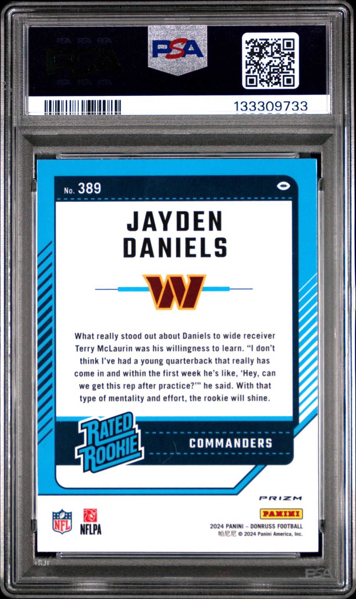 2024 Panini Donruss Jayden Daniels #389 (Optic Preview-Pink) Gem Mt 10 back