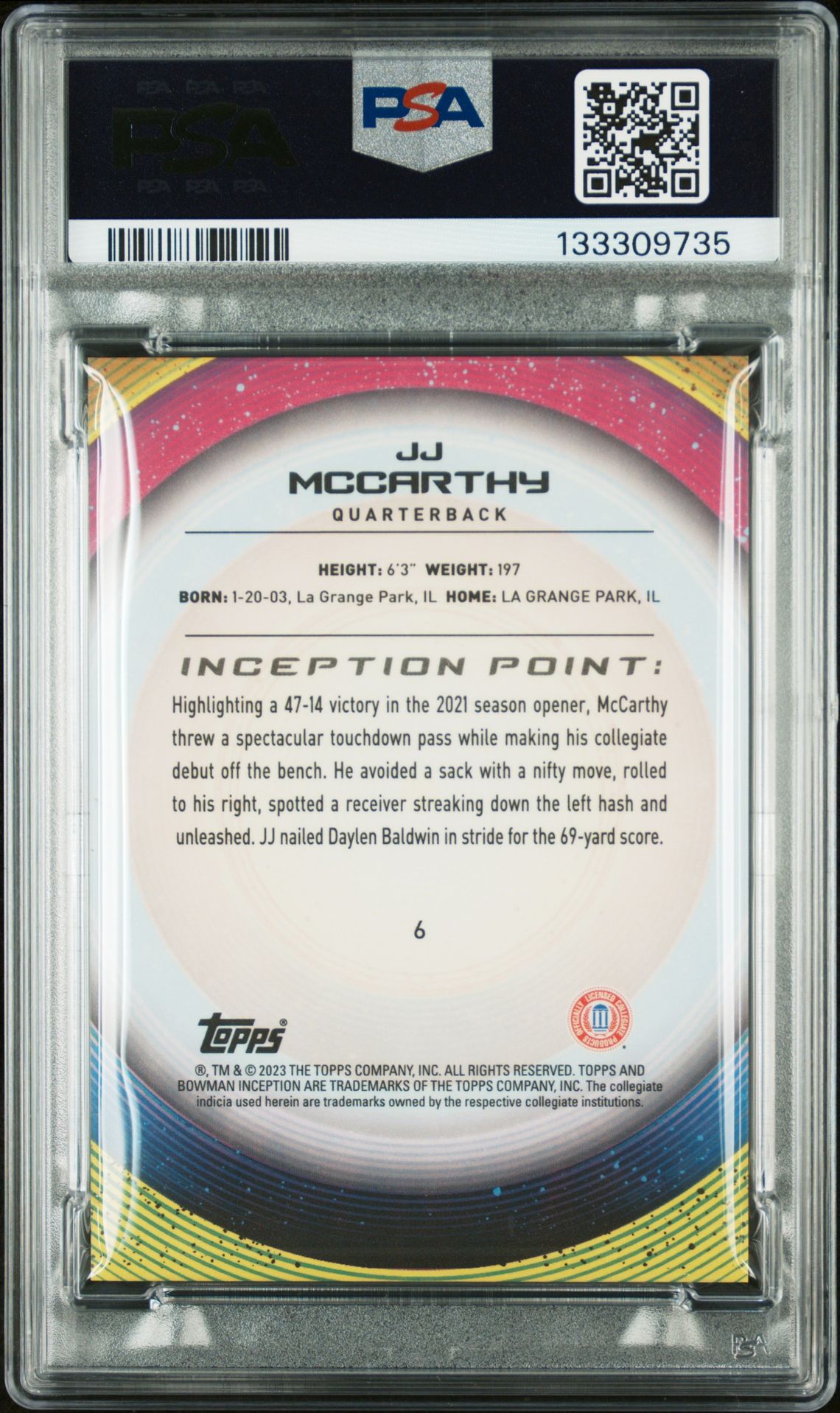 2022 Bowman University Inception Jj Mccarthy #6 (Green Foil) Mint 9 back