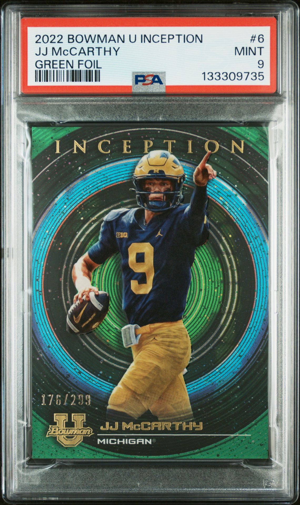 2022 Bowman University Inception Jj Mccarthy #6 (Green Foil) Mint 9 front