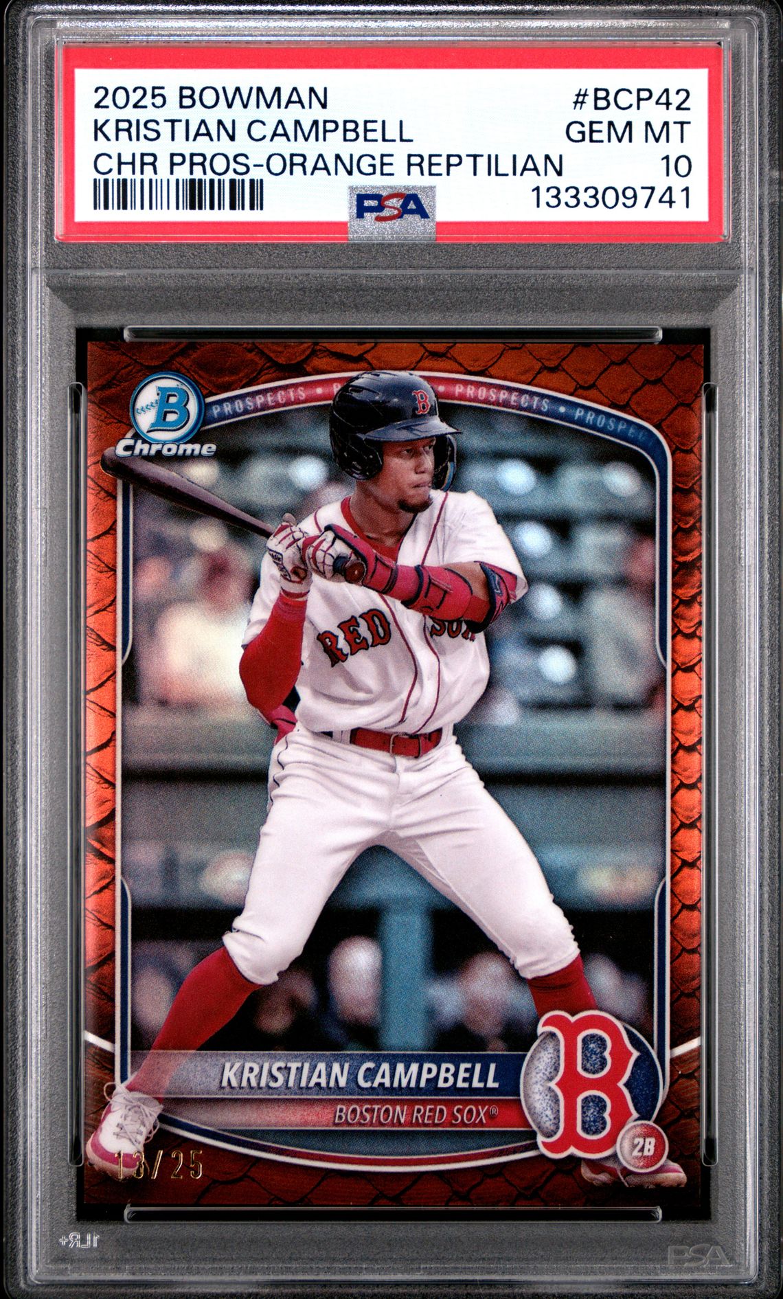 2025 Bowman Chrome Prospects Kristian Campbell #Bcp42 (Chr Pros-Orange Reptilian) Gem Mt 10 front