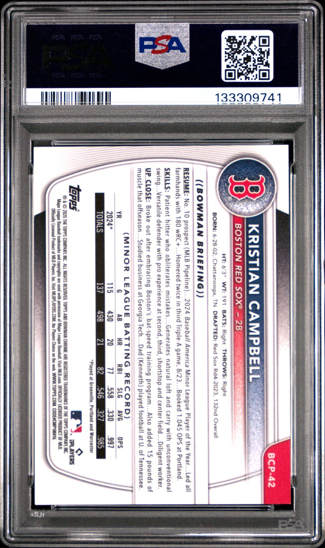 2025 Bowman Chrome Prospects Kristian Campbell #Bcp42 (Chr Pros-Orange Reptilian) Gem Mt 10 back