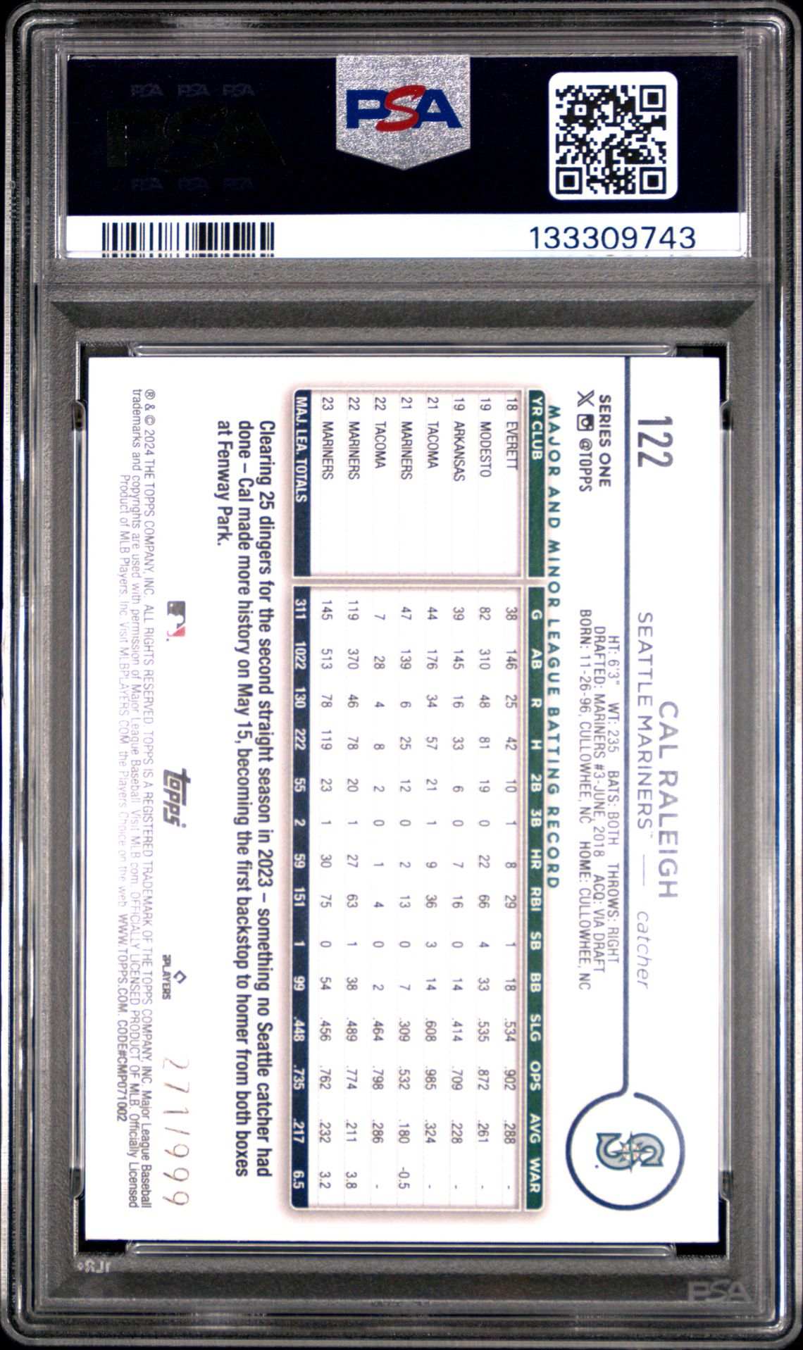 2024 Topps Cal Raleigh #122 (Blue Foil) Nm-Mt 8 back