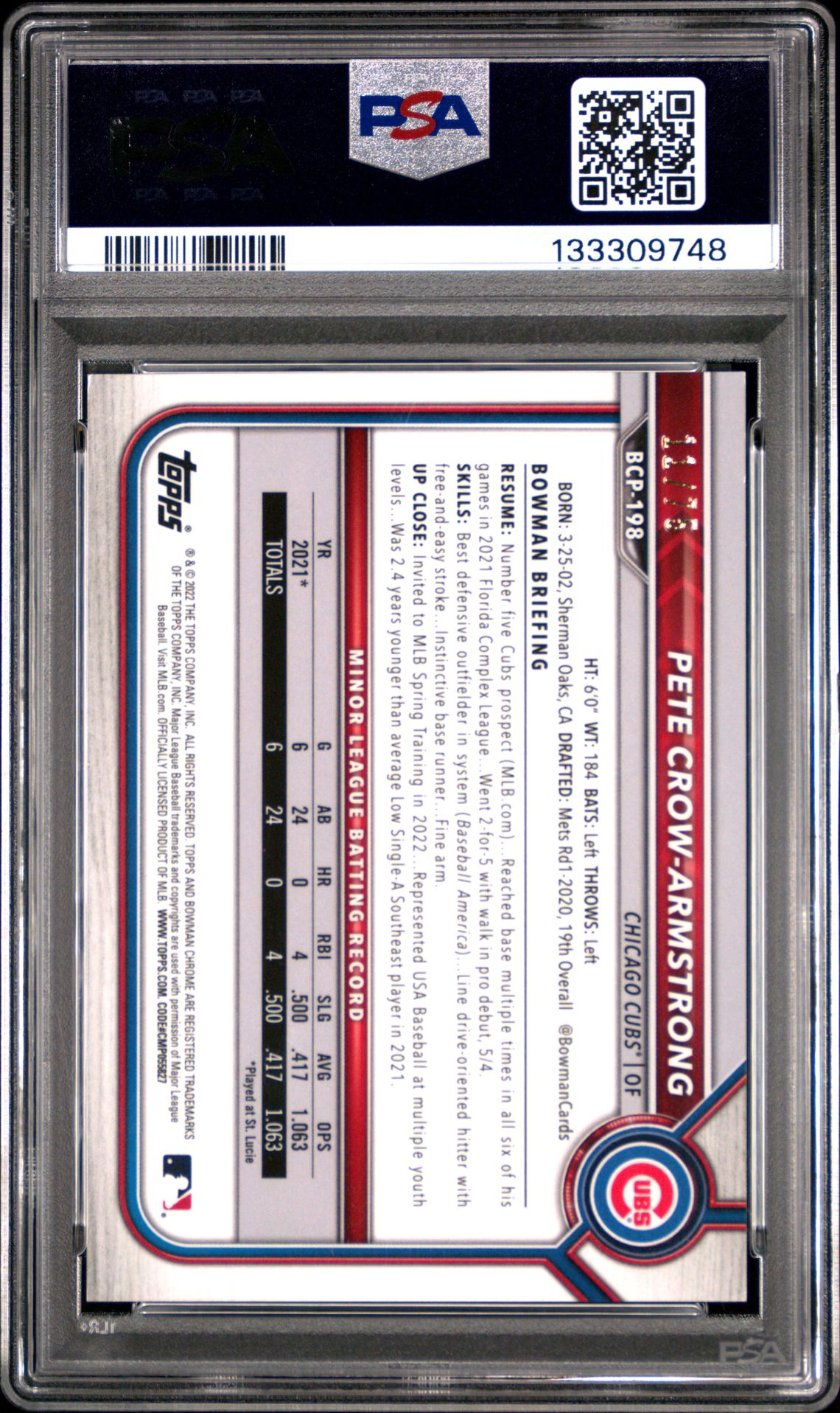 2022 Bowman Chrome Prospects Pete Crow-Armstrong #Bcp198 (Prs-Ylw/Orng.vapor Ref.) Mint 9 back