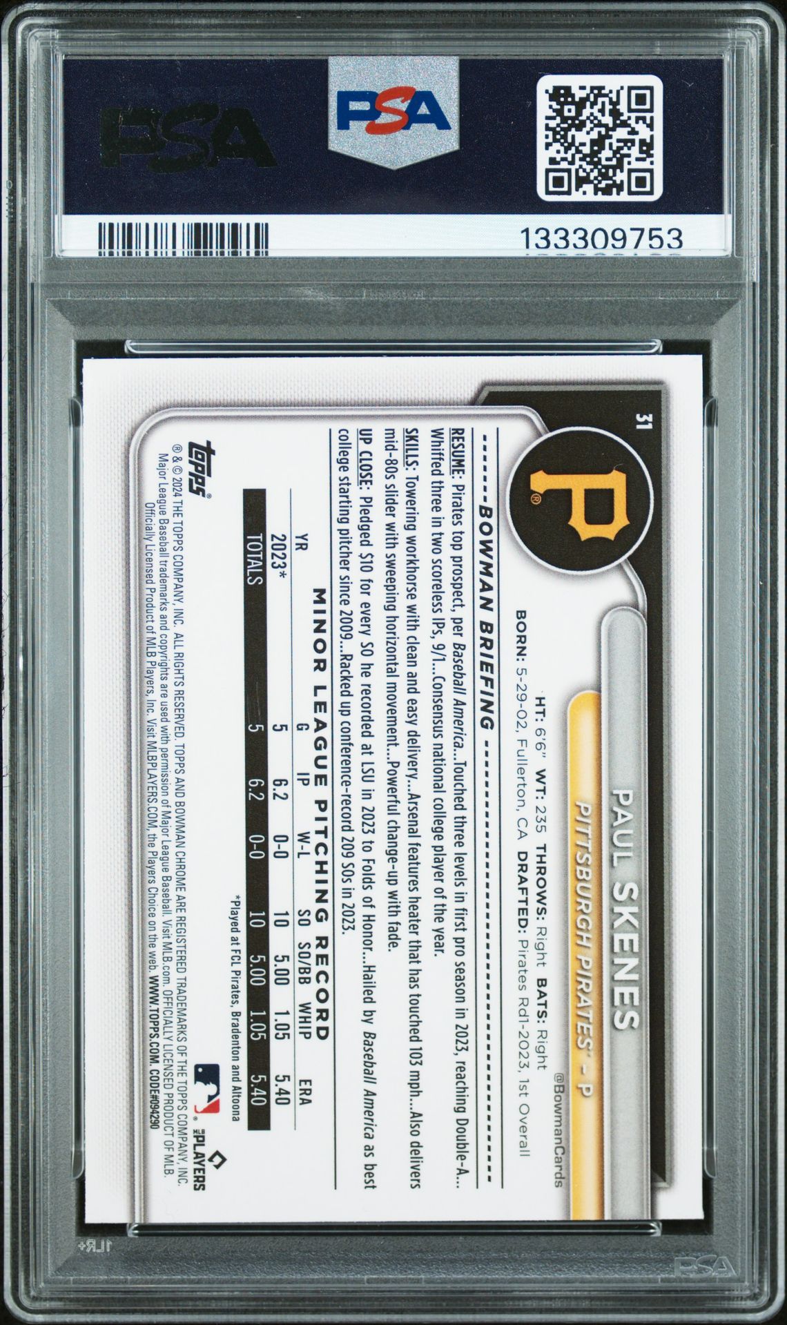 2024 Bowman Chrome Mega Box Paul Skenes #31 Mint 9 back