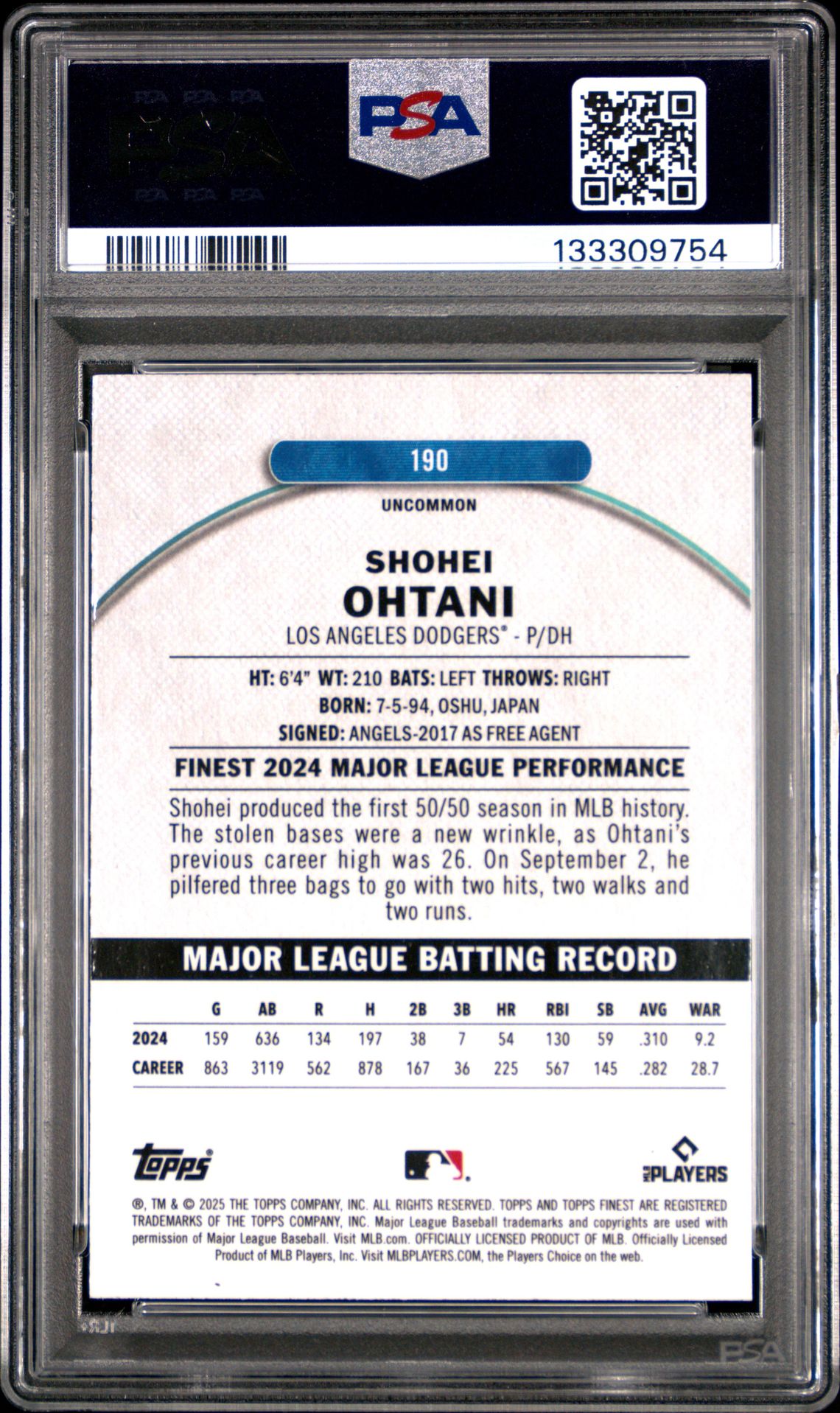2025 Topps Finest Shohei Ohtani #190 (Sky Blue Refractor) Mint 9 back
