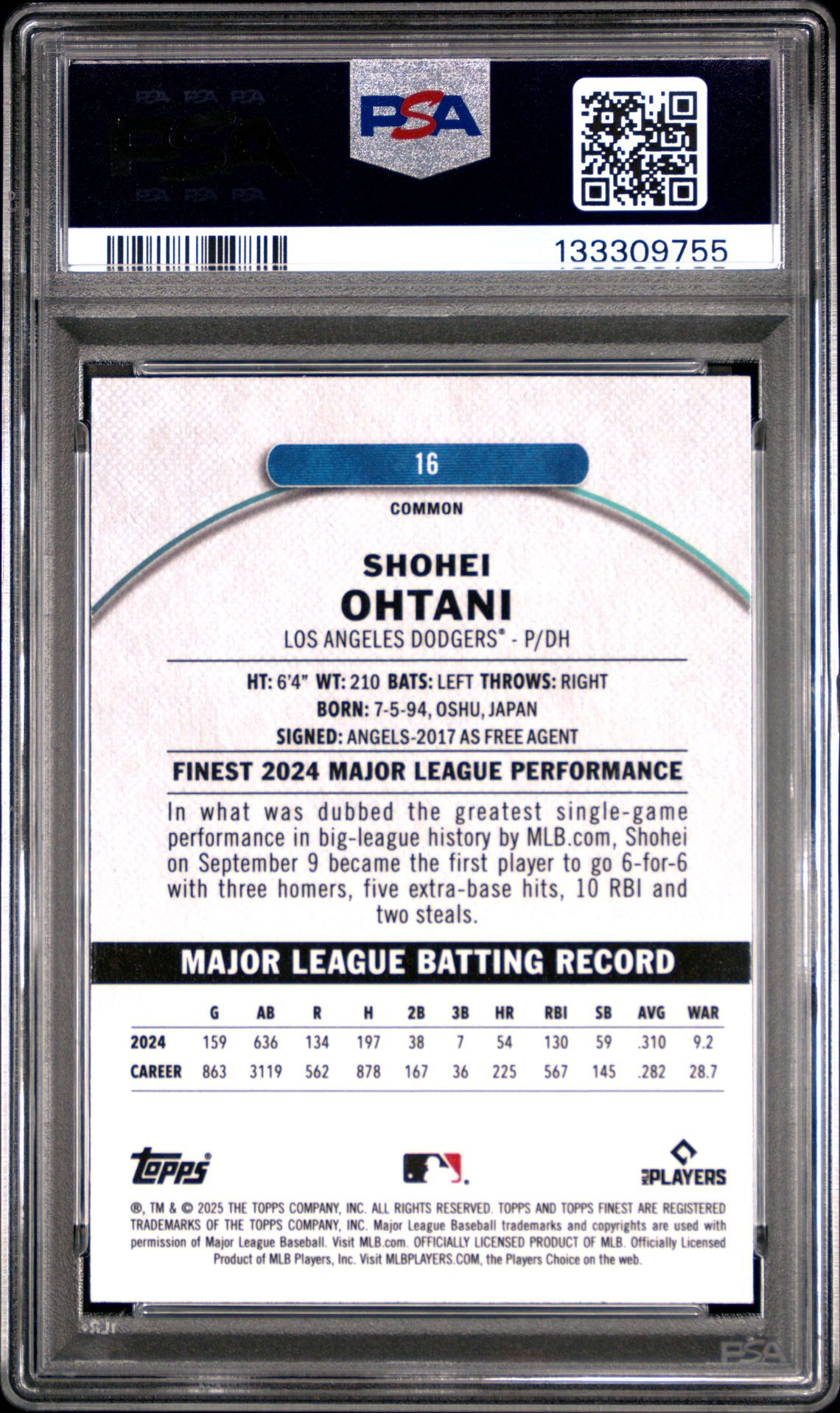 2025 Topps Finest Shohei Ohtani #16 (Blue Checkerboard) Gem Mt 10 back