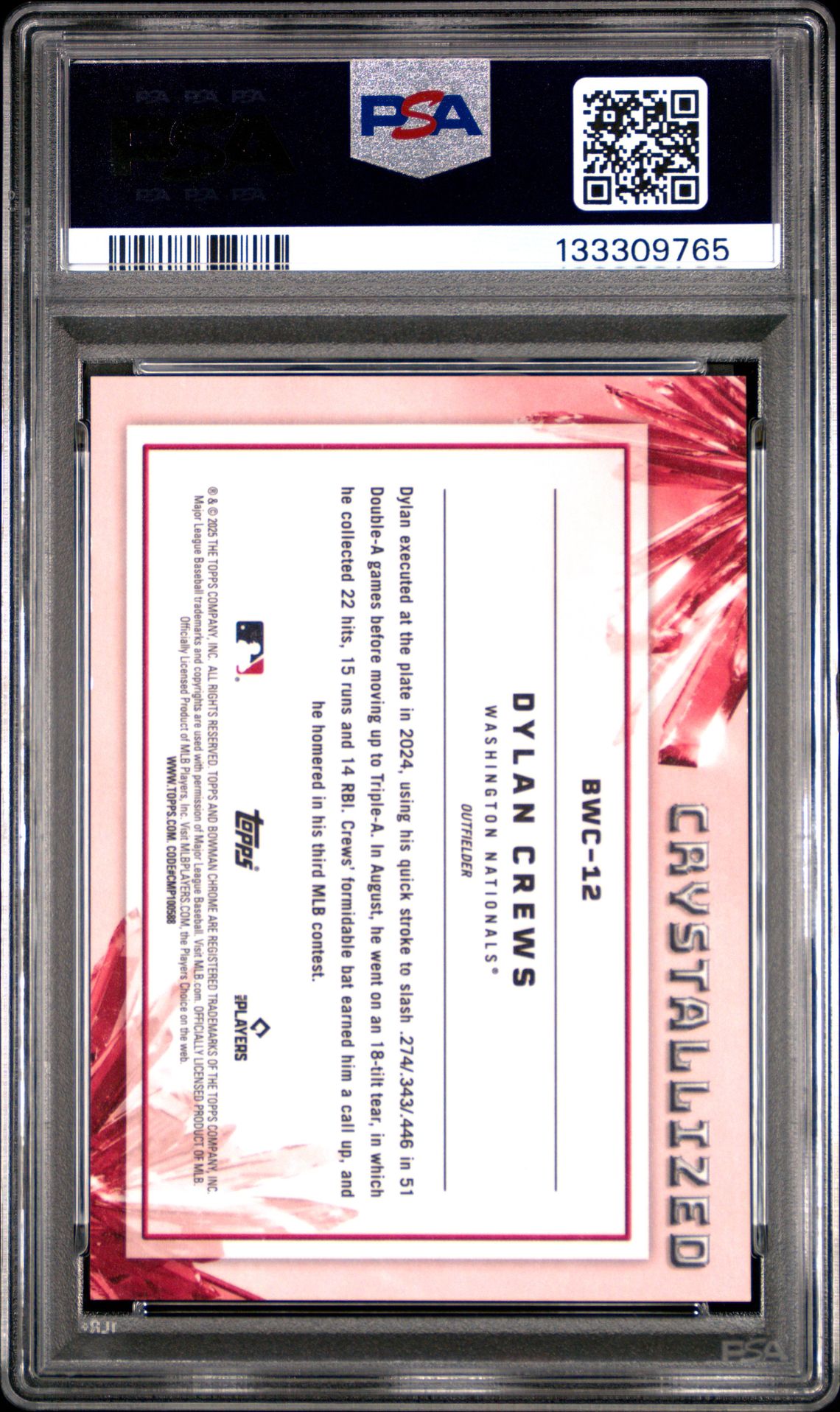 2025 Bowman Crystallized Dylan Crews #Bwc12 (Crystallized-Orange) Gem Mt 10 back