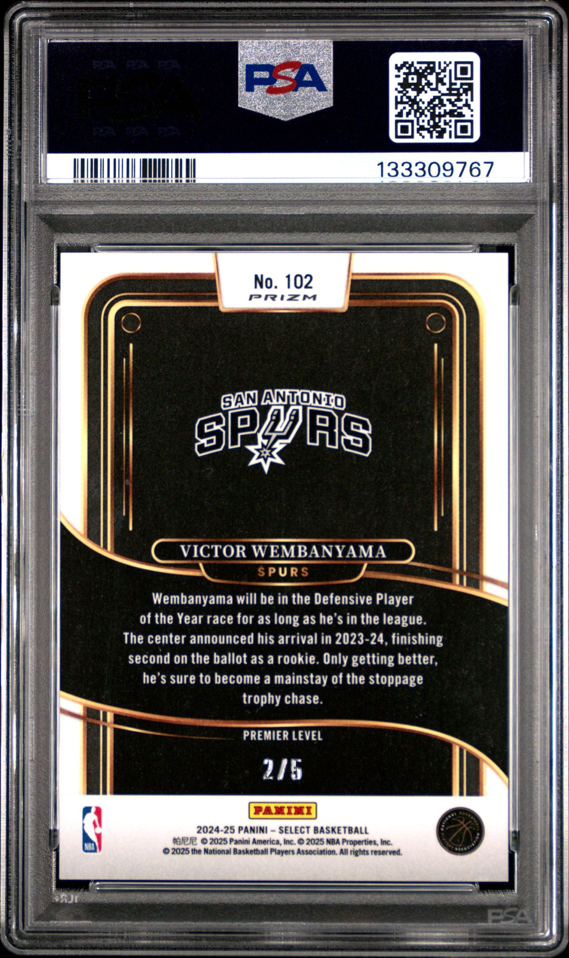 2024 Panini Select Victor Wembanyama #102 (Green Disco) Gem Mt 10 back