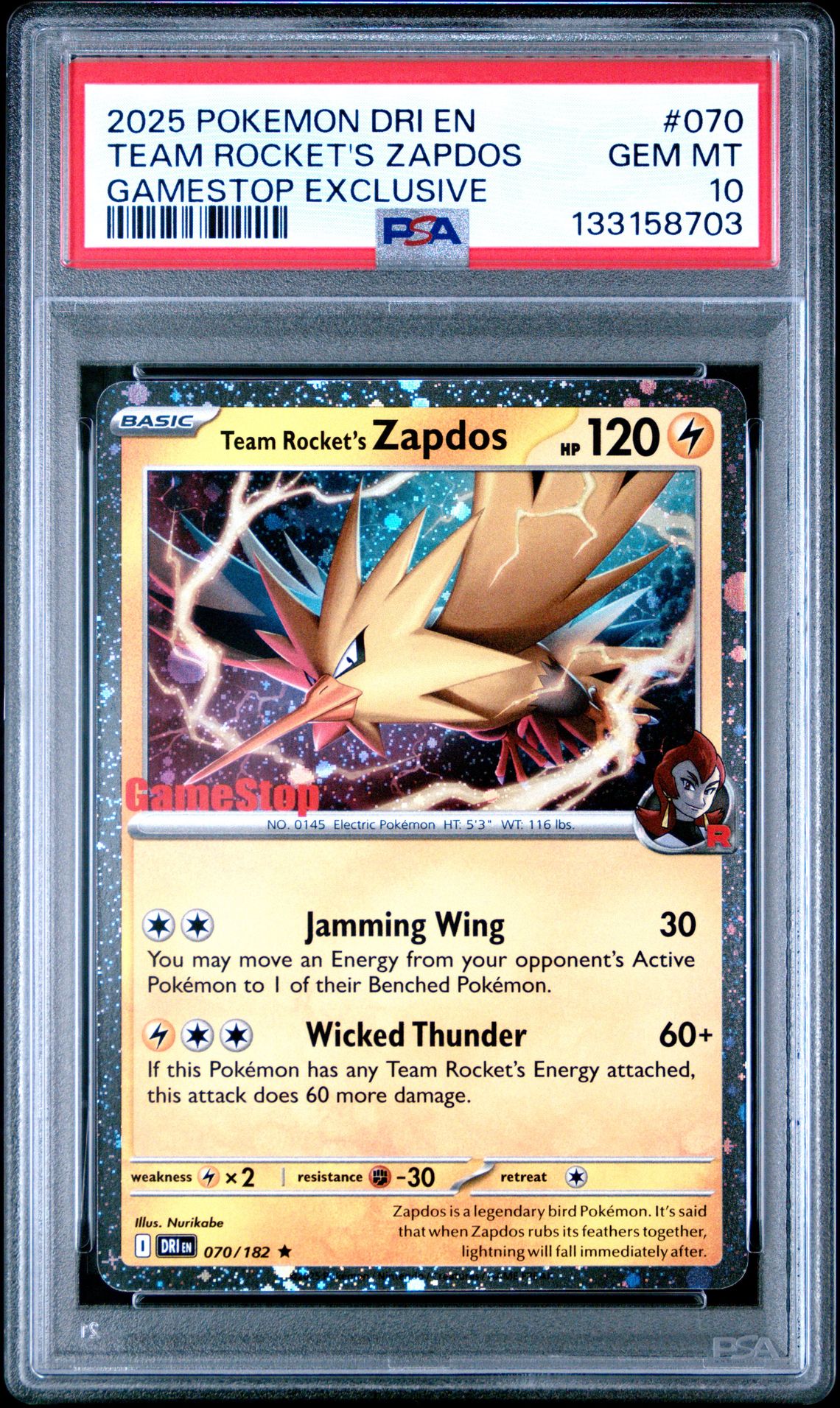 2025 Pokemon Dri En-Destined Rivals Team Rocket's Zapdos #070 (Gamestop Exclusive) Gem Mt 10 front