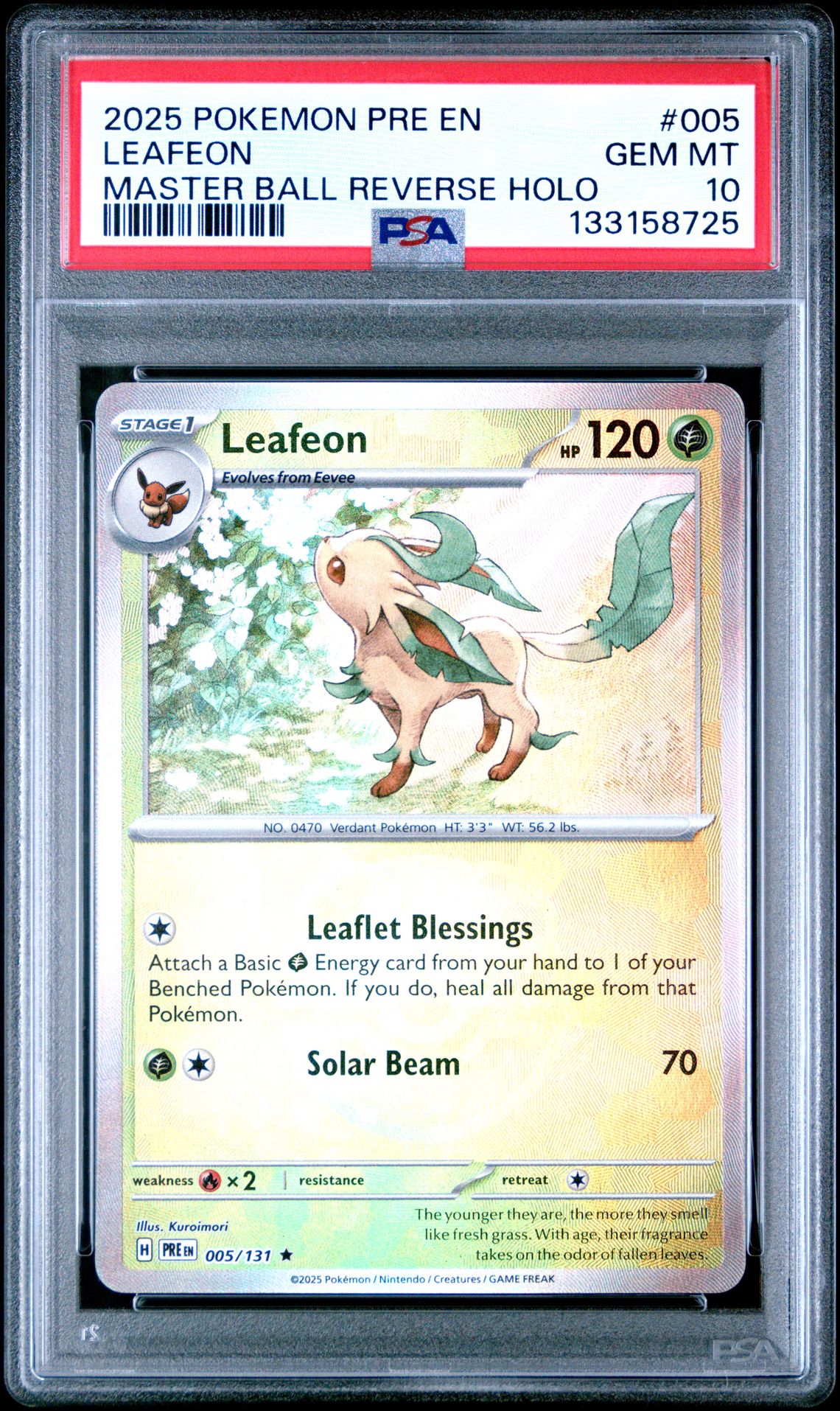 2025 Pokemon Pre En-Prismatic Evolutions Leafeon #005 (Master Ball Reverse Holo) Gem Mt 10 front