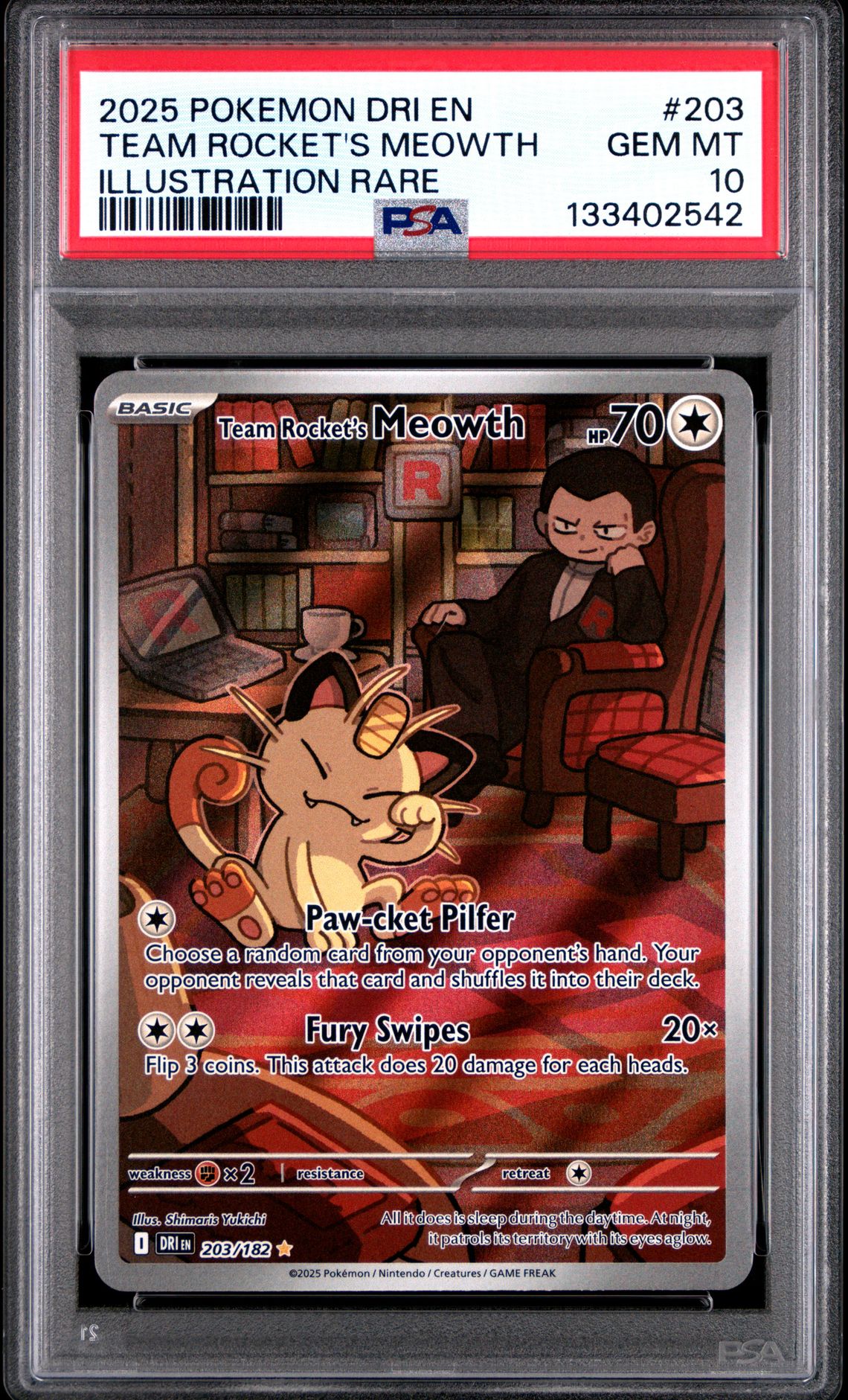 2025 Pokemon Dri En-Destined Rivals Team Rocket's Meowth #203 (Illustration Rare) Gem Mt 10 front