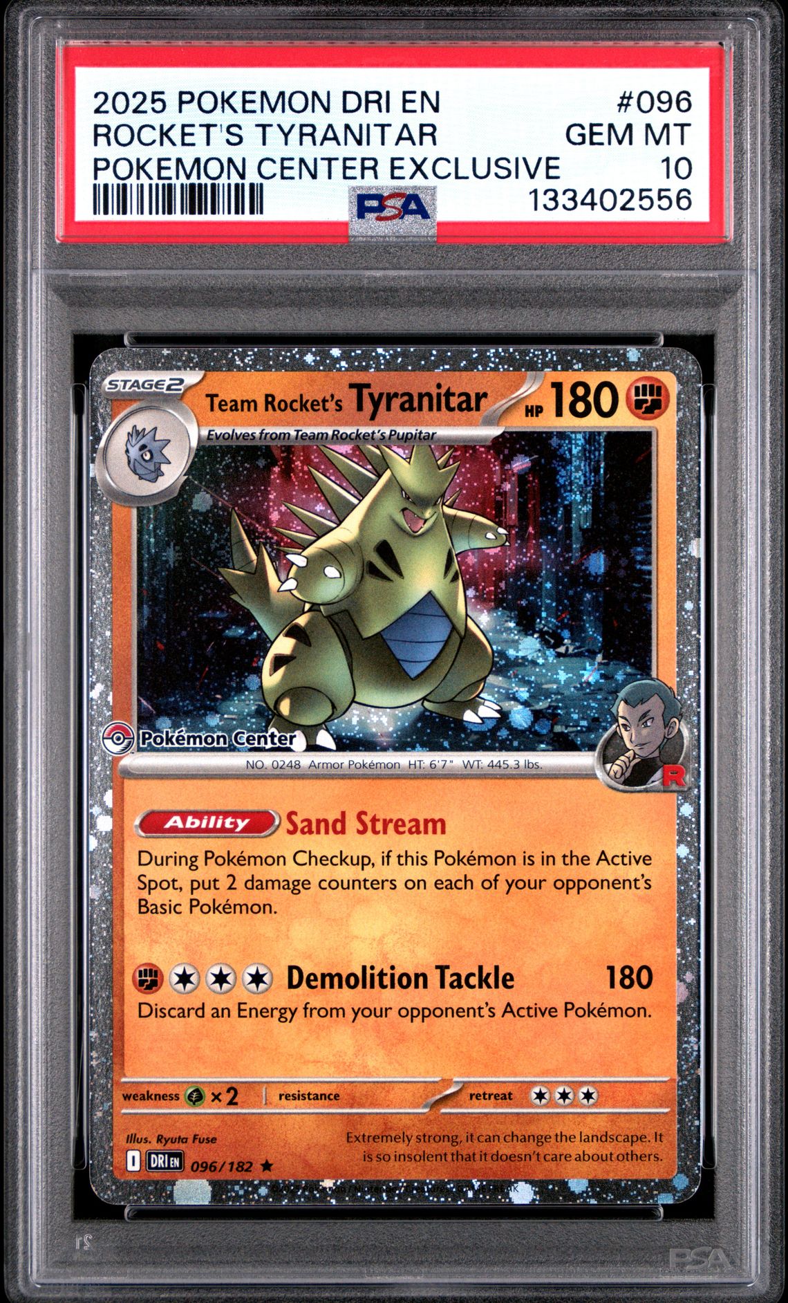2025 Pokemon Dri En-Destined Rivals Rocket's Tyranitar #096 (Pokemon Center Exclusive) Gem Mt 10 front