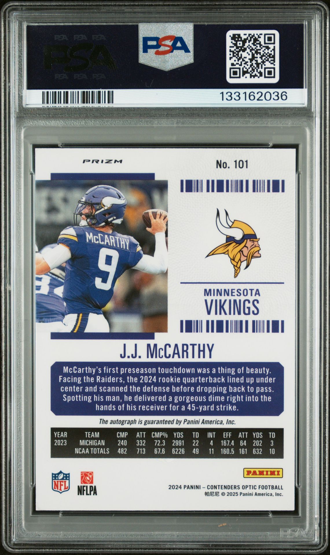 2024 Panini Contenders Optic Jj Mccarthy #101 (Autograph-Silver) Mint 9 back