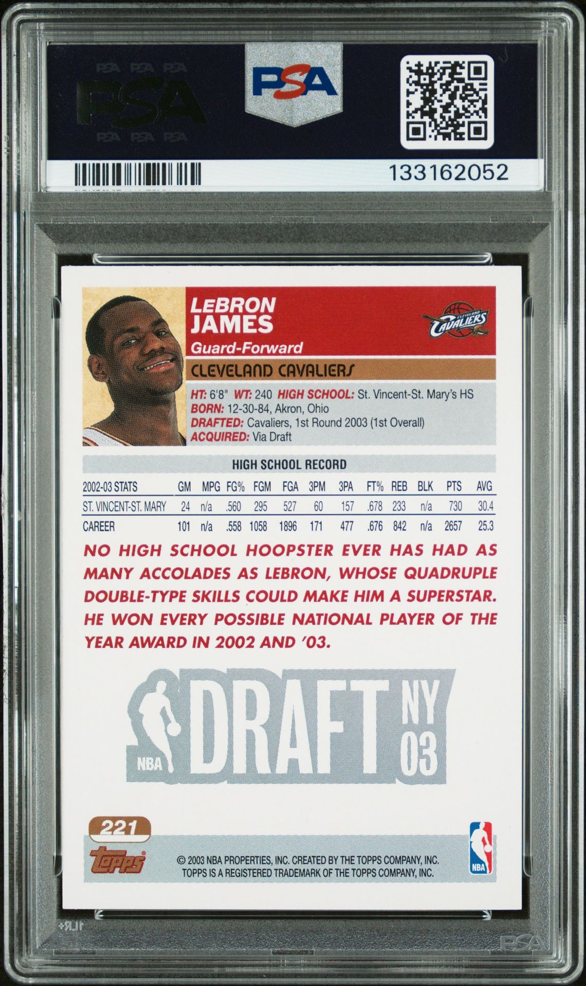 2003 Topps Lebron James #221 Nm 7 back