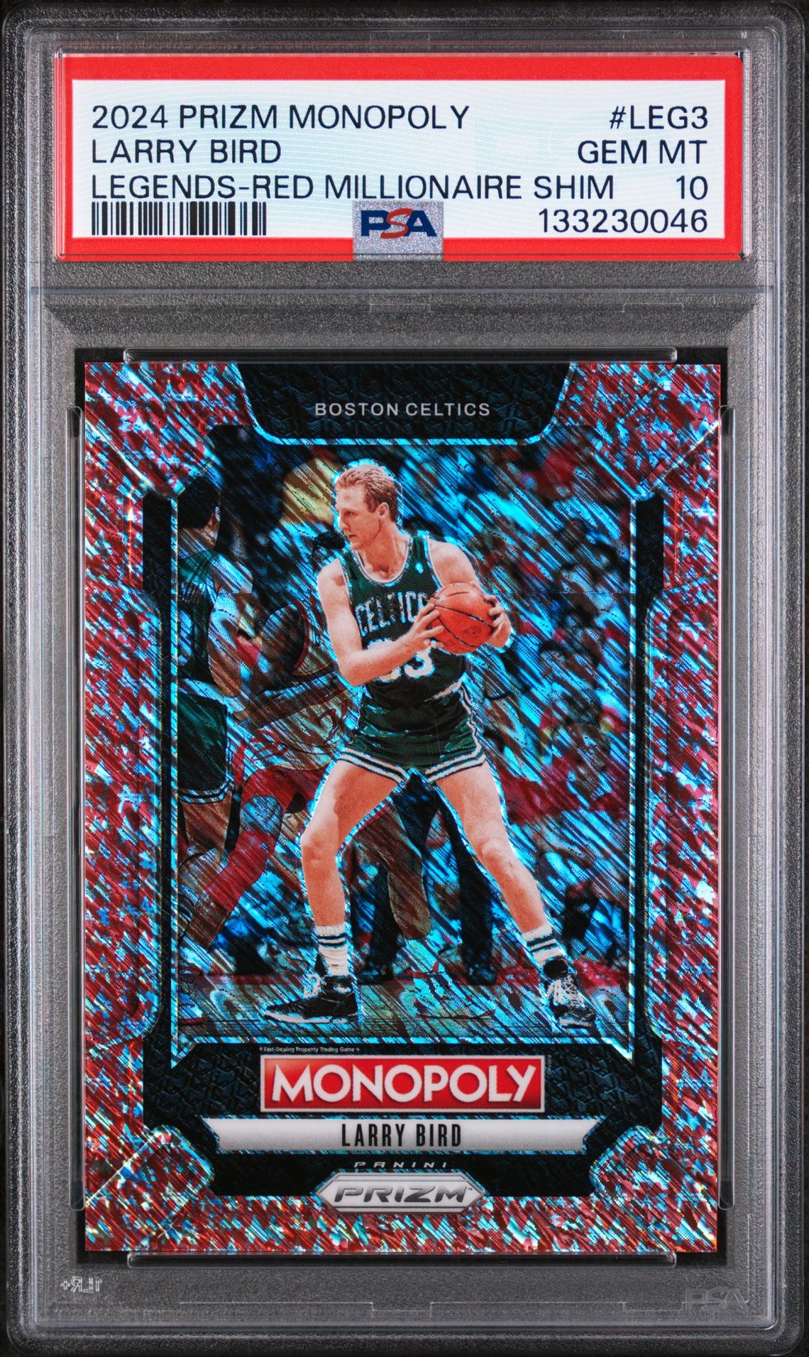 2024 Panini Prizm Monopoly Legends Larry Bird #Leg3 (Legends-Red Millionaire Shim) Gem Mt 10 front view - PSA graded GEM MT 10